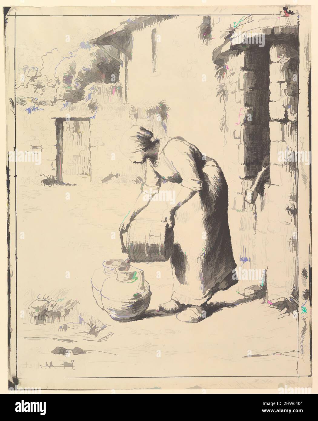 Kunst inspiriert von Einer Frau, die einen Eimer leert, 1862–63 Neuauflage 1921, Heliogravure auf Gewebspapier; Le Garrec-Ausgabe von 1921, Bild: 11 1/8 × 8 11/16 in. (28,3 × 22,1 cm), Drucke, Jean-François Millet (Französisch, Gruchy 1814–1875 Barbizon, Klassische Werke, die von Artotop mit einem Schuss Moderne modernisiert wurden. Formen, Farbe und Wert, auffällige visuelle Wirkung auf Kunst. Emotionen durch Freiheit von Kunstwerken auf zeitgemäße Weise. Eine zeitlose Botschaft, die eine wild kreative neue Richtung verfolgt. Künstler, die sich dem digitalen Medium zuwenden und die Artotop NFT erschaffen Stockfoto