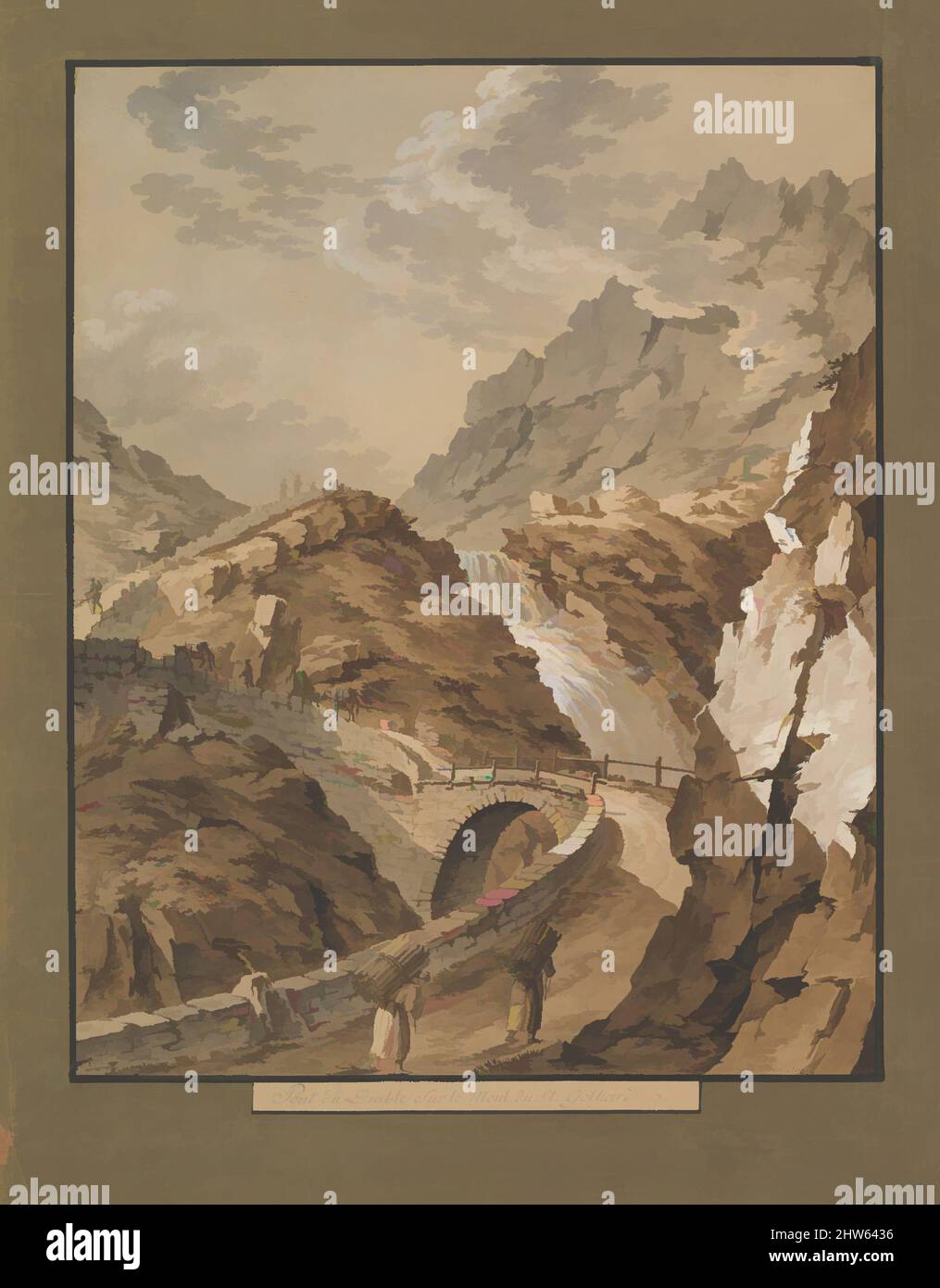 Kunst inspiriert von Devil's Bridge towards the Gothard Mountain in Switzerland, 1785–1824, Pinsel und Braun, Grau und Grün, Aquarell und Körperfarbe. Rahmenlinie in schwarzer Tinte und einem ca. 1,25 Zoll langen Rand mit olivgrünem Aquarell. Blatt: 22 3/8 x 17 1/4 Zoll (56,8 x 43,8 cm, Classic Works modernisiert von Artotop mit einem Schuss Modernität. Formen, Farbe und Wert, auffällige visuelle Wirkung auf Kunst. Emotionen durch Freiheit von Kunstwerken auf zeitgemäße Weise. Eine zeitlose Botschaft, die eine wild kreative neue Richtung verfolgt. Künstler, die sich dem digitalen Medium zuwenden und die Artotop NFT erschaffen Stockfoto