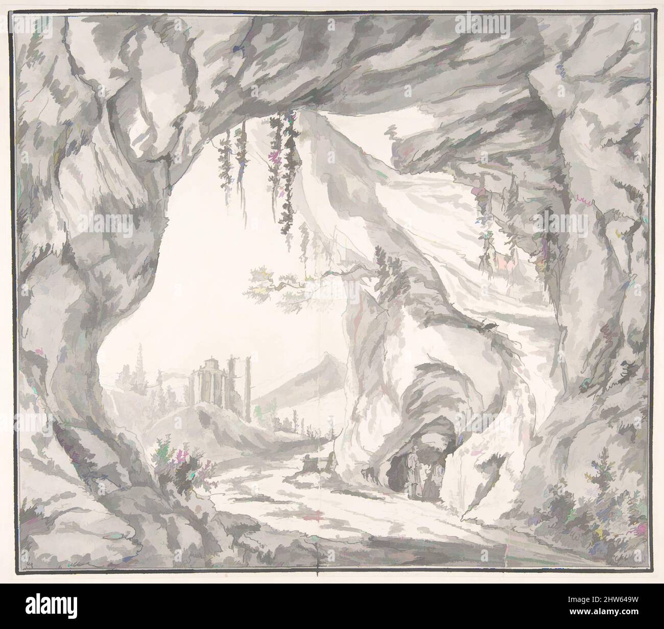 Kunst inspiriert von der Berglandschaft mit Ruinen einer Burg und drei Männern in einer Höhle, gesehen durch ein Steintor, Ende des 18.. Bis Anfang des 19.. Jahrhunderts, Stift und schwarzer Tinte, Pinsel und graues Aquarell über Graphit. Doppelte Rahmenlinie in Tinte, Blatt: 9 13/16 x 11 1/4 Zoll (25 x 28,5 cm), Zeichnungen, Klassische Werke, die von Artotop mit einem Schuss Moderne modernisiert wurden. Formen, Farbe und Wert, auffällige visuelle Wirkung auf Kunst. Emotionen durch Freiheit von Kunstwerken auf zeitgemäße Weise. Eine zeitlose Botschaft, die eine wild kreative neue Richtung verfolgt. Künstler, die sich dem digitalen Medium zuwenden und die Artotop NFT erschaffen Stockfoto