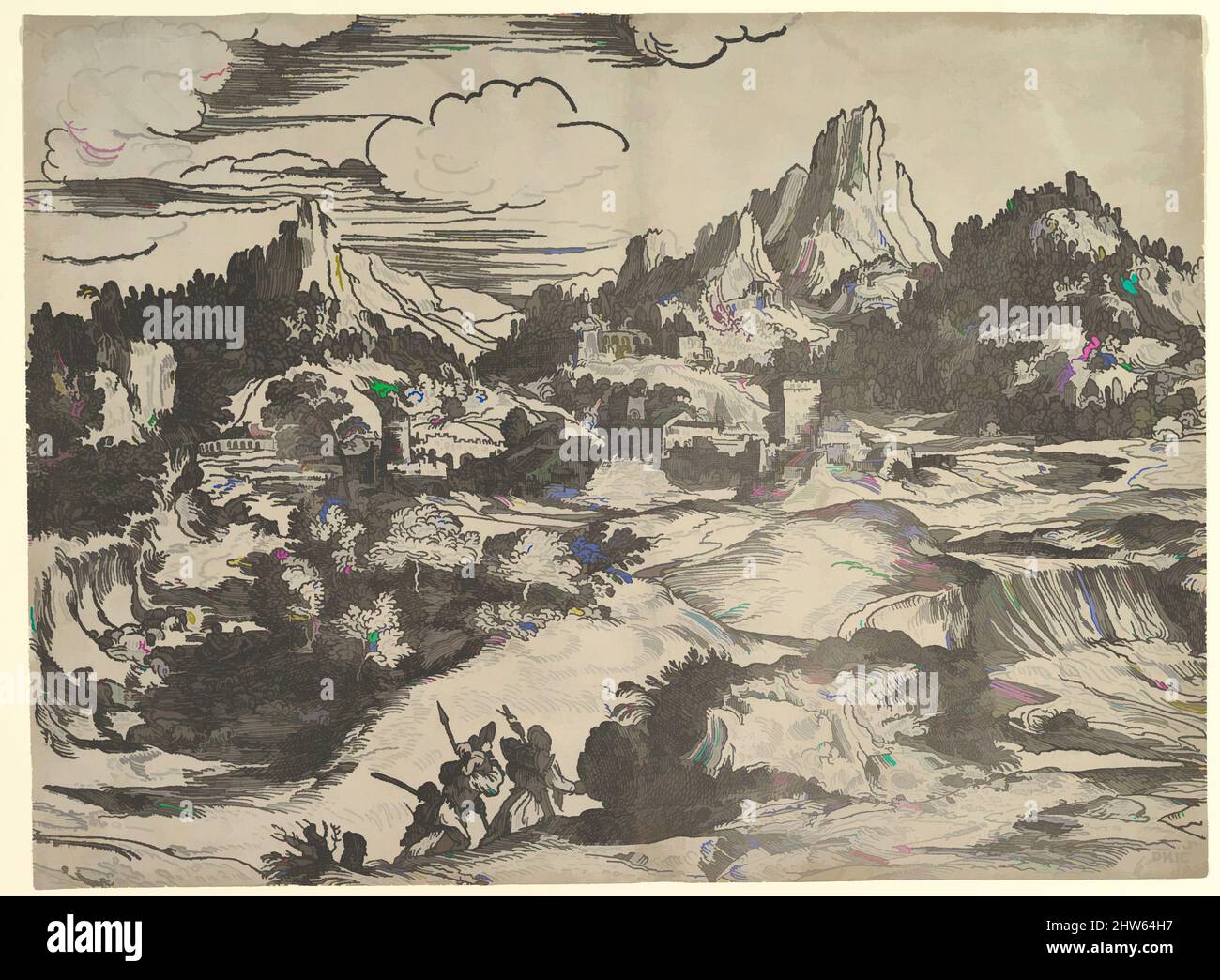 Kunst inspiriert von Landschaft mit Familie gemeinsam im Vordergrund, links zwei Figuren mit Ziegen- und Schafherde; eine Mühle (?) Und andere Gebäude im Hintergrund, ca. 1535–40, Holzschnitt, Blatt (beschnitten): 13 1/16 × 17 1/2 Zoll (33,2 × 44,5 cm), Drucke, möglicher Offset eines anderen, von Artotop modernisierten Klassikers mit einem Schuss Modernität. Formen, Farbe und Wert, auffällige visuelle Wirkung auf Kunst. Emotionen durch Freiheit von Kunstwerken auf zeitgemäße Weise. Eine zeitlose Botschaft, die eine wild kreative neue Richtung verfolgt. Künstler, die sich dem digitalen Medium zuwenden und die Artotop NFT erschaffen Stockfoto