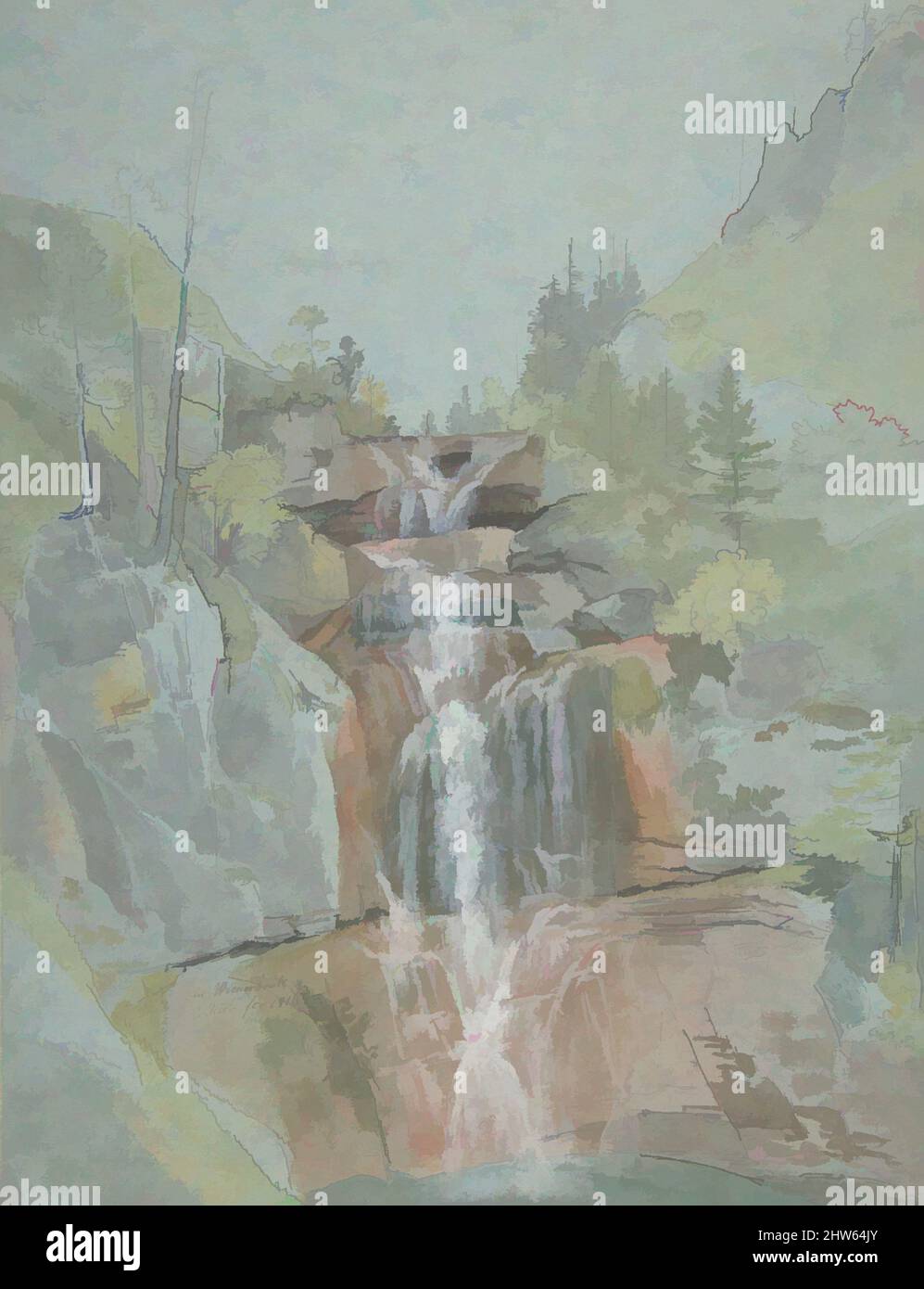 Kunst inspiriert von Landschaft mit Wasserfall, 1816, Stift und brauner Tinte und Aquarell. Rahmenlinie aus Graphit, Blatt: 11 13/16 x 9 1/16 Zoll (30 x 23 cm), Zeichnungen, Johann Christoph Rist (deutsch, Stuttgart 1790–1876 Augsburg, Klassische Werke, die von Artotop mit einem Schuss Moderne modernisiert wurden. Formen, Farbe und Wert, auffällige visuelle Wirkung auf Kunst. Emotionen durch Freiheit von Kunstwerken auf zeitgemäße Weise. Eine zeitlose Botschaft, die eine wild kreative neue Richtung verfolgt. Künstler, die sich dem digitalen Medium zuwenden und die Artotop NFT erschaffen Stockfoto