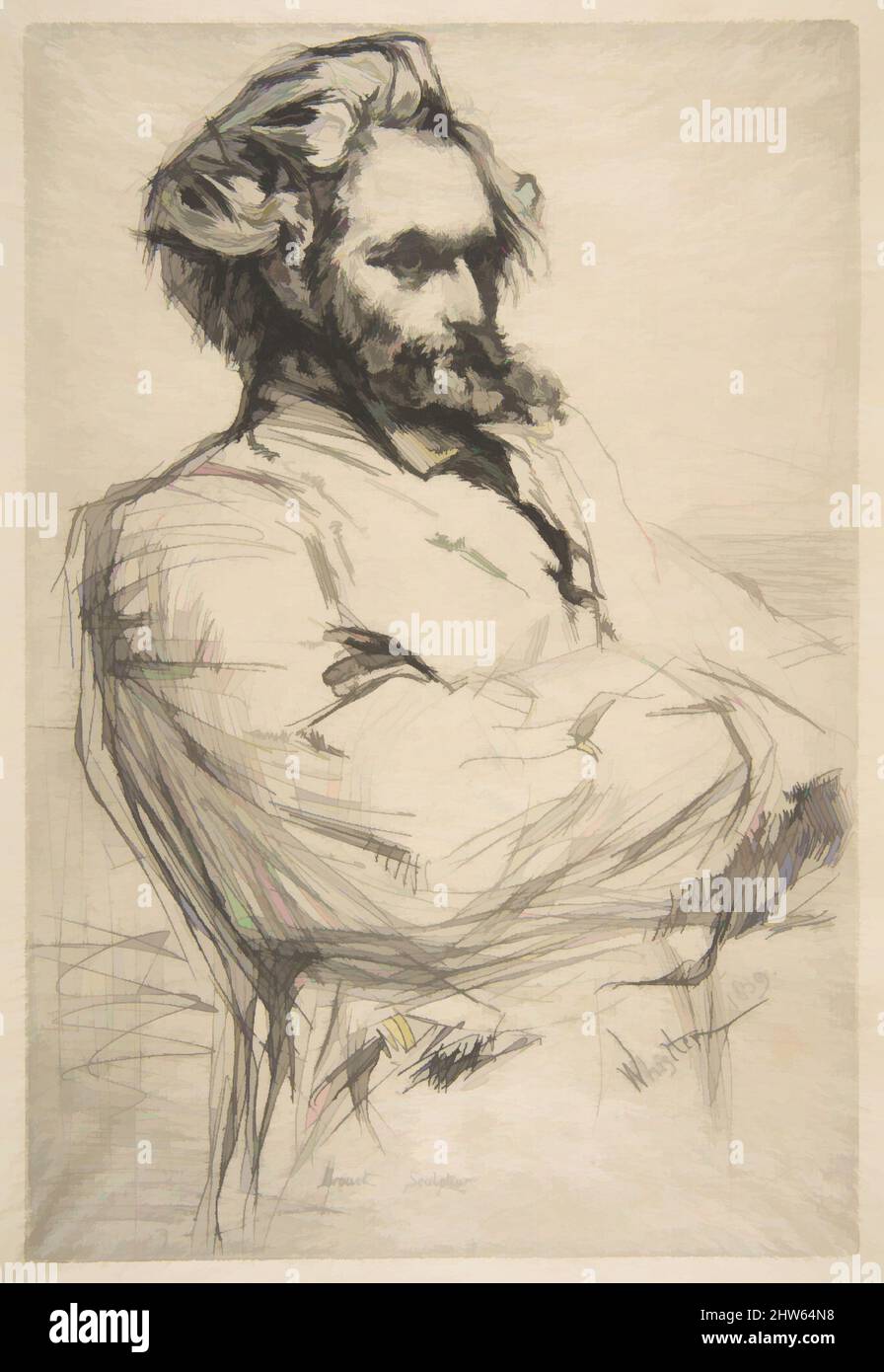 Kunst inspiriert von Drouet (C. L. Drouet, Bildhauer), 1859, Ätzung und Trockenpunkt; zweiter Zustand von zwei, von der abgesagten Platte (Glasgow); gedruckt in schwarzer Tinte auf feinem Elfenbein Japan, Platte: 8 13/16 Zoll × 6 Zoll (22,4 × 15,2 cm), Drucke, James McNeill Whistler (Amerikaner, Lowell, Massachusetts, Klassisches Werk, das von Artotop mit einem Schuss Moderne modernisiert wurde. Formen, Farbe und Wert, auffällige visuelle Wirkung auf Kunst. Emotionen durch Freiheit von Kunstwerken auf zeitgemäße Weise. Eine zeitlose Botschaft, die eine wild kreative neue Richtung verfolgt. Künstler, die sich dem digitalen Medium zuwenden und die Artotop NFT erschaffen Stockfoto
