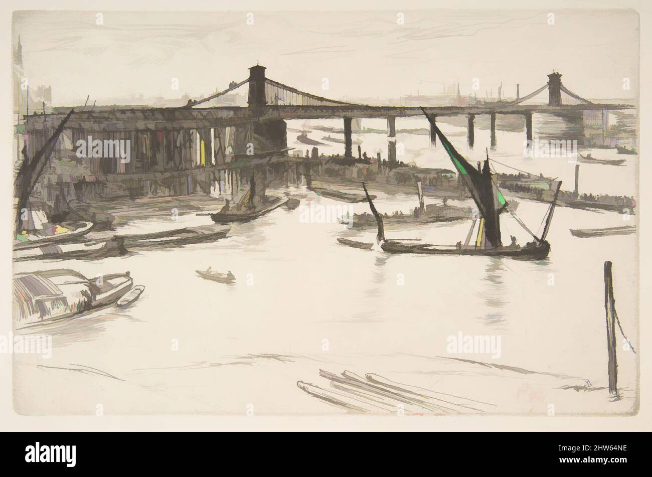 Kunst inspiriert von Old Hungerford Bridge, 1861, Ätzung und Trockenpunkt; dritter Zustand von vier (Glasgow); gedruckt in schwarzer Tinte auf mittelschwerem cremefarbenem Papier, Platte: 5 3/8 x 8 1/4 Zoll (13,7 x 21 cm), Drucke, James McNeill Whistler (Amerikaner, Lowell, Massachusetts 1834–1903 London, Klassisches Werk, das von Artotop mit einem Schuss Moderne modernisiert wurde. Formen, Farbe und Wert, auffällige visuelle Wirkung auf Kunst. Emotionen durch Freiheit von Kunstwerken auf zeitgemäße Weise. Eine zeitlose Botschaft, die eine wild kreative neue Richtung verfolgt. Künstler, die sich dem digitalen Medium zuwenden und die Artotop NFT erschaffen Stockfoto