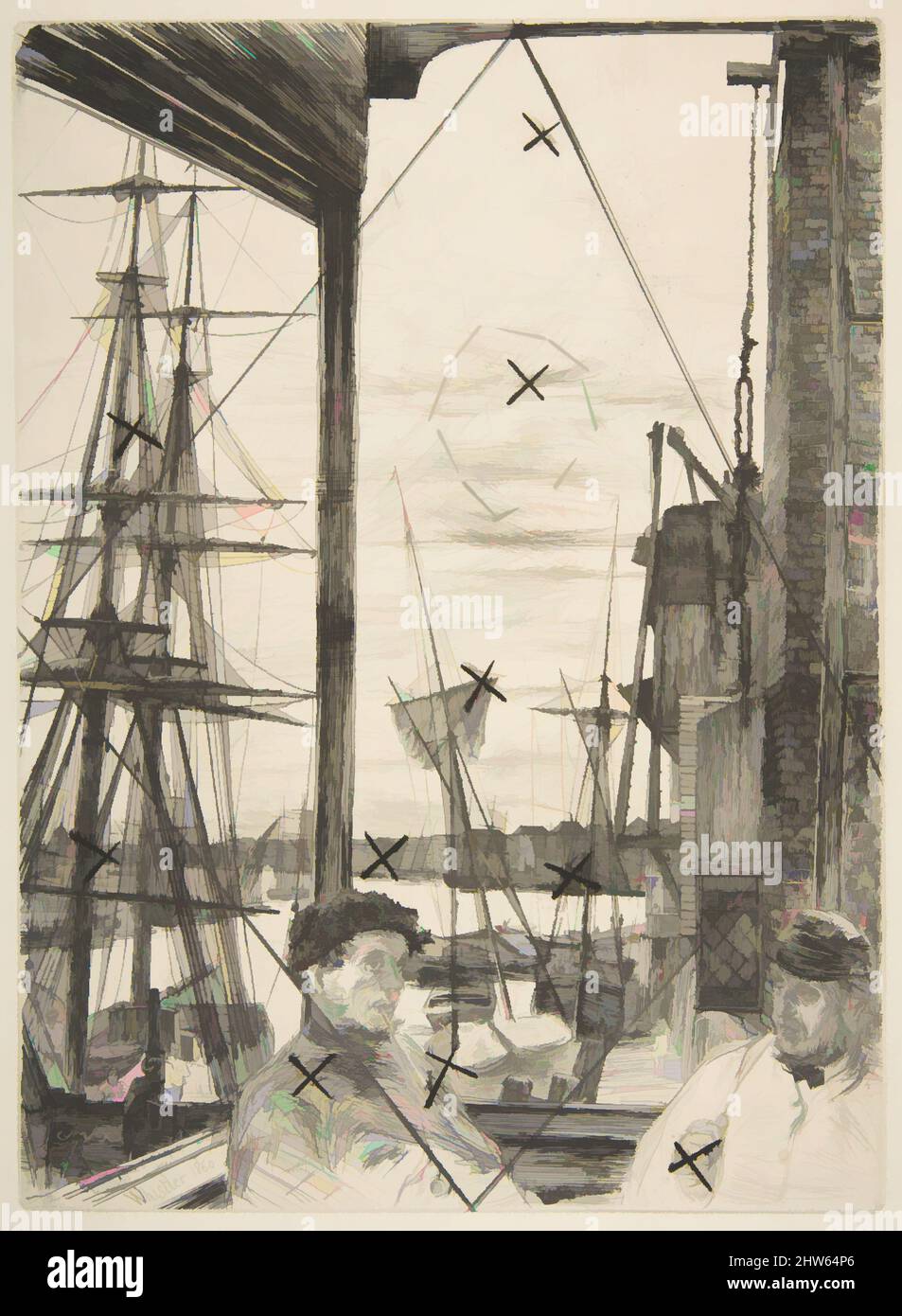 Kunst inspiriert von Rotherhithe (Wapping), 1860, Ätzen und Trockenpunkt; sechster Zustand von sechs, von der abgesagten Platte, gedruckt in schwarzer Tinte auf dickem elfenbeinfarbenem Papier, Platte: 10 13/16 x 7 13/16 Zoll (27,5 x 19,8 cm), Drucke, James McNeill Whistler (Amerikaner, Lowell, Massachusetts 1834–1903, Klassisches Werk, das von Artotop mit einem Schuss Moderne modernisiert wurde. Formen, Farbe und Wert, auffällige visuelle Wirkung auf Kunst. Emotionen durch Freiheit von Kunstwerken auf zeitgemäße Weise. Eine zeitlose Botschaft, die eine wild kreative neue Richtung verfolgt. Künstler, die sich dem digitalen Medium zuwenden und die Artotop NFT erschaffen Stockfoto