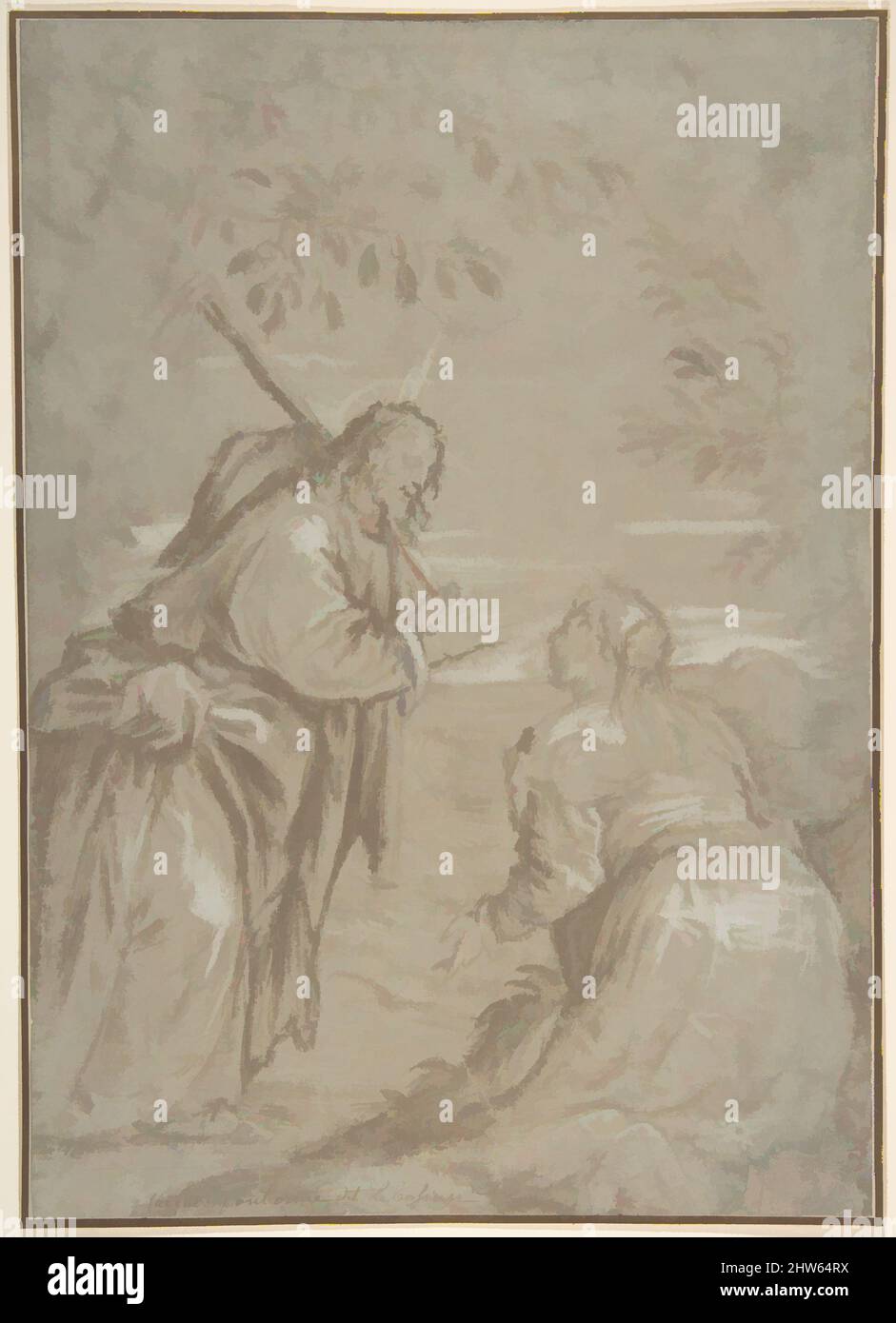 Kunst inspiriert von Christus, die der Heiligen Maria Magdalena ('Noli me Tangere') erscheint., ca. 1560, Pinsel- und Braunwäsche, mit weißer Gouache hervorgehoben, über Spuren schwarzer Kreide, auf verblichenem blassbraun-blauem Papier, Blatt: 12 3/16 x 8 11/16 Zoll (31 x 22 cm), Zeichnungen, die Jacopo Bassano zugeschrieben werden (, Klassische Werke, die von Artotop mit einem Schuss Moderne modernisiert wurden. Formen, Farbe und Wert, auffällige visuelle Wirkung auf Kunst. Emotionen durch Freiheit von Kunstwerken auf zeitgemäße Weise. Eine zeitlose Botschaft, die eine wild kreative neue Richtung verfolgt. Künstler, die sich dem digitalen Medium zuwenden und die Artotop NFT erschaffen Stockfoto