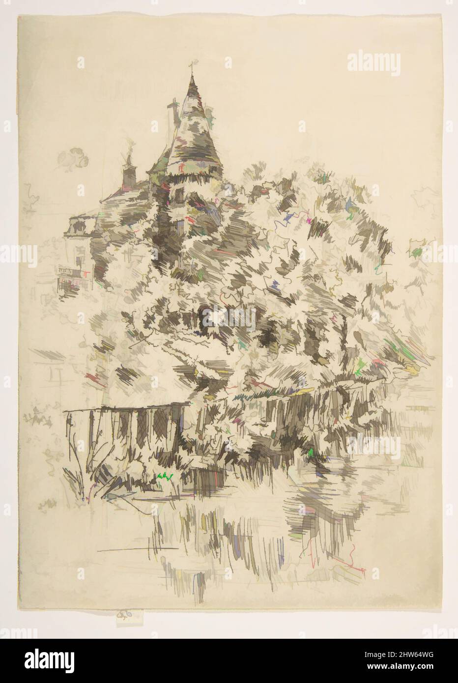 Kunst inspiriert von Château de Verneuil, Touraine, 1888, Ätzung und Trockenpunkt; einziger Staat (Glasgow); Gedruckt in schwarzer Tinte auf schwerem elfenbeinfarbenem Papier, Platte: 6 15/16 × 5 Zoll (17,6 × 12,7 cm), Drucke, James McNeill Whistler (Amerikaner, Lowell, Massachusetts 1834–1903 London, Klassisches Werk, das von Artotop mit einem Schuss Moderne modernisiert wurde. Formen, Farbe und Wert, auffällige visuelle Wirkung auf Kunst. Emotionen durch Freiheit von Kunstwerken auf zeitgemäße Weise. Eine zeitlose Botschaft, die eine wild kreative neue Richtung verfolgt. Künstler, die sich dem digitalen Medium zuwenden und die Artotop NFT erschaffen Stockfoto