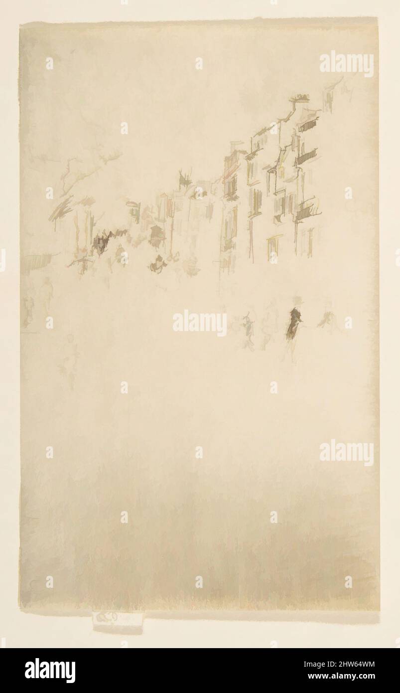 Art Inspired by A Fragment of Piccadilly (Piccadilly), 1884–86, Etching; Only State (Glasgow); gedruckt in dunkelbrauner Tinte auf elfenbeinfarbenem Papier, Platte: 4 1/4 × 2 5/8 Zoll (10,8 × 6,7 cm), Drucke, James McNeill Whistler (Amerikaner, Lowell, Massachusetts 1834–1903 London, Klassisches Werk, das von Artotop mit einem Schuss Moderne modernisiert wurde. Formen, Farbe und Wert, auffällige visuelle Wirkung auf Kunst. Emotionen durch Freiheit von Kunstwerken auf zeitgemäße Weise. Eine zeitlose Botschaft, die eine wild kreative neue Richtung verfolgt. Künstler, die sich dem digitalen Medium zuwenden und die Artotop NFT erschaffen Stockfoto