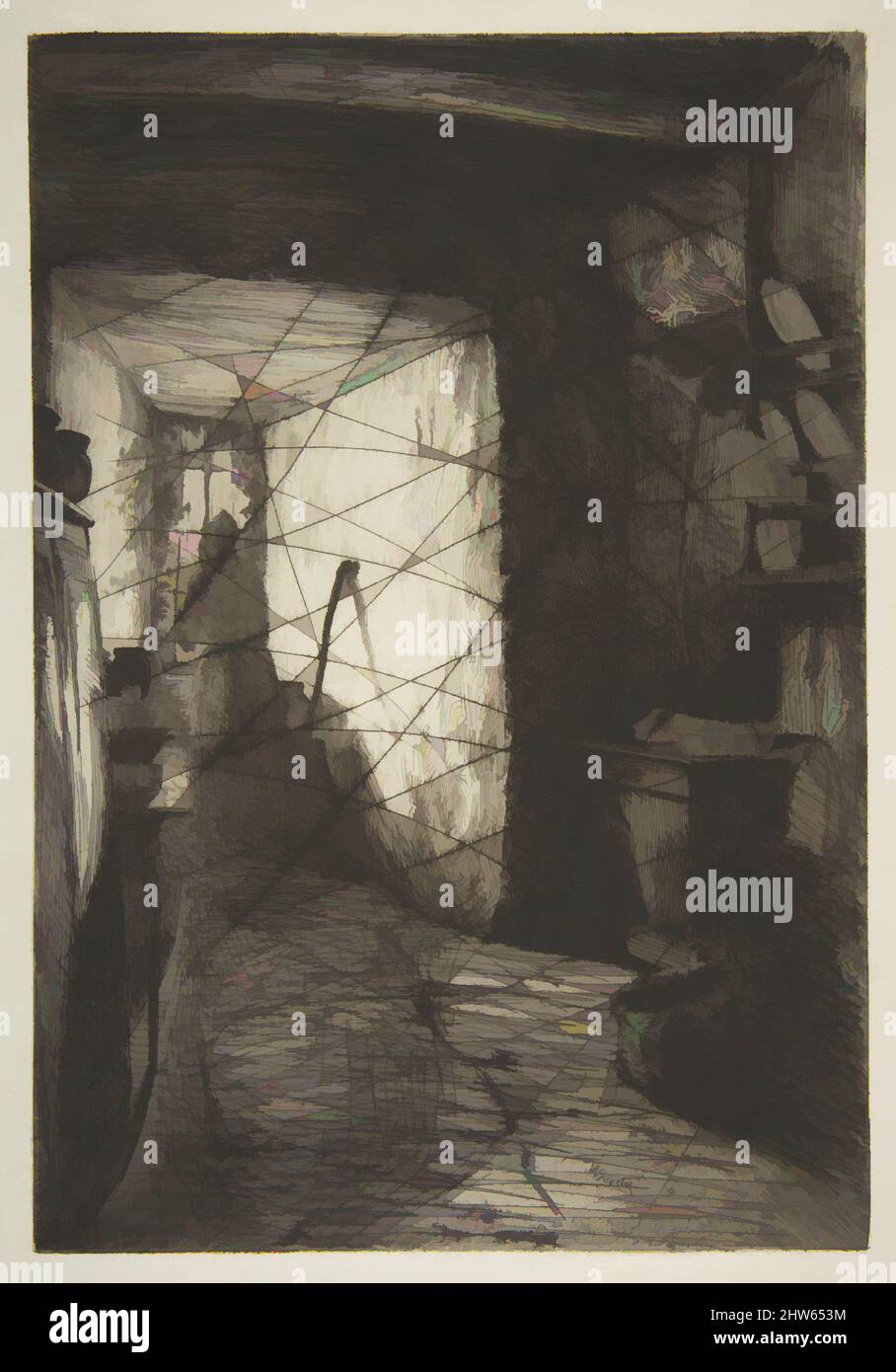 Art Inspired by the Kitchen, 1858 neu veröffentlicht 1885, Radierung mit Trockenpunkt-Abstreichungslinien; aus der abgesagten Platte (Glasgow), Platte: 8 7/8 x 6 1/8 Zoll (22,5 x 15,6 cm), Drucke, James McNeill Whistler (Amerikaner, Lowell, Massachusetts 1834–1903 London, Klassisches Werk, das von Artotop mit einem Schuss Moderne modernisiert wurde. Formen, Farbe und Wert, auffällige visuelle Wirkung auf Kunst. Emotionen durch Freiheit von Kunstwerken auf zeitgemäße Weise. Eine zeitlose Botschaft, die eine wild kreative neue Richtung verfolgt. Künstler, die sich dem digitalen Medium zuwenden und die Artotop NFT erschaffen Stockfoto