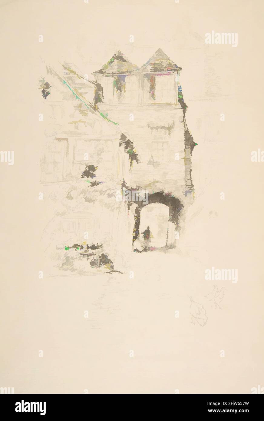 Art inspired by the Priest's House, Rouen, 1894–95, Transferlithographie mit Stumping und Scaping, gezeichnet auf dünnem, transparentem Transferpapier; Second State of Two (Chicago); gedruckt in schwarzer Tinte auf mittelschwerem cremefarbenem Papier, Bild: 9 1/16 × 6 1/8 in. (23 × 15,6 cm), Drucke, James, Klassisches Werk, das von Artotop mit einem Schuss Moderne modernisiert wurde. Formen, Farbe und Wert, auffällige visuelle Wirkung auf Kunst. Emotionen durch Freiheit von Kunstwerken auf zeitgemäße Weise. Eine zeitlose Botschaft, die eine wild kreative neue Richtung verfolgt. Künstler, die sich dem digitalen Medium zuwenden und die Artotop NFT erschaffen Stockfoto