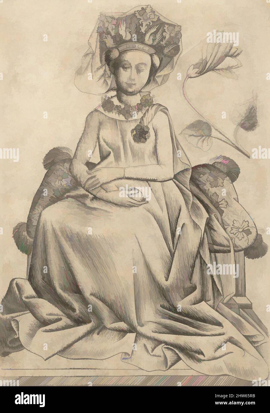 Kunst inspiriert von der Königin der Blumen, ca. 1435–40, Gravieren gedruckt von zwei Platten, Blatt: 5 1/8 x 3 9/16 Zoll (13 x 9,1 cm), Drucke, Master of the Playing Cards (deutsch, aktiv ca. 1425–50) ist die Königin der Blumen eine der außergewöhnlich schönen und zarten Drucke, die von den von Artotop modernisierten, klassischen Werken mit einem Schuss Moderne geschaffen wurden. Formen, Farbe und Wert, auffällige visuelle Wirkung auf Kunst. Emotionen durch Freiheit von Kunstwerken auf zeitgemäße Weise. Eine zeitlose Botschaft, die eine wild kreative neue Richtung verfolgt. Künstler, die sich dem digitalen Medium zuwenden und die Artotop NFT erschaffen Stockfoto