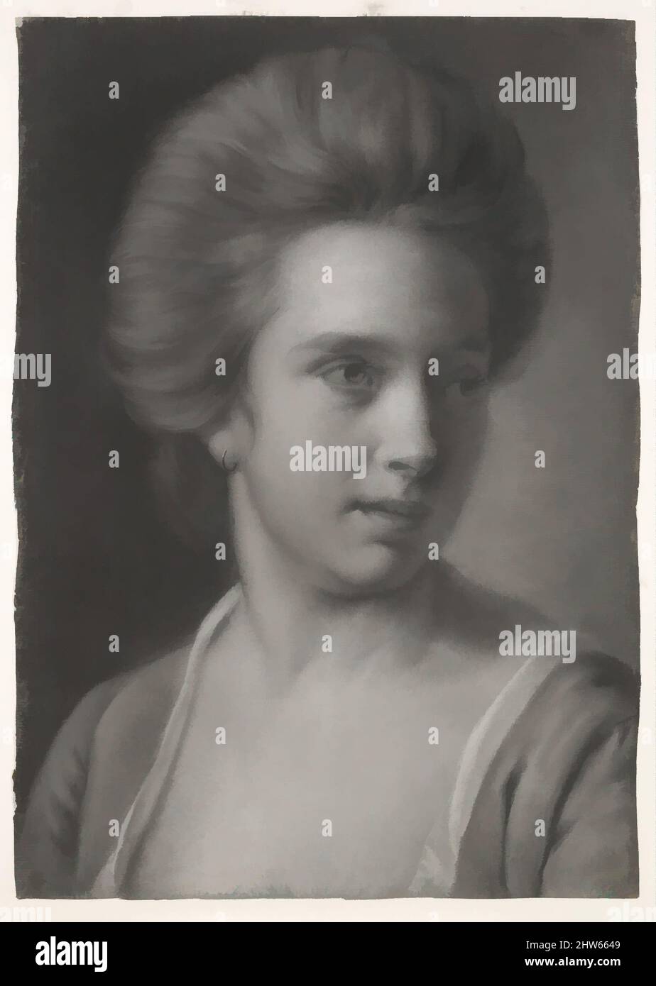 Kunst inspiriert von Porträt einer Frau, ihr Kopf nach rechts gedreht, trägt einen Ohrring, ca. 1770–72, Pastell auf blauem Papier, Blatt: 15 7/8 x 11 Zoll (40,3 x 28 cm), Zeichnungen, Joseph Wright (Wright of Derby) (britisch, Derby 1734–1797 Derby), eines der versiertesten und einfallsreichsten klassischen Werke, das von Artotop mit einem Schuss Moderne modernisiert wurde. Formen, Farbe und Wert, auffällige visuelle Wirkung auf Kunst. Emotionen durch Freiheit von Kunstwerken auf zeitgemäße Weise. Eine zeitlose Botschaft, die eine wild kreative neue Richtung verfolgt. Künstler, die sich dem digitalen Medium zuwenden und die Artotop NFT erschaffen Stockfoto