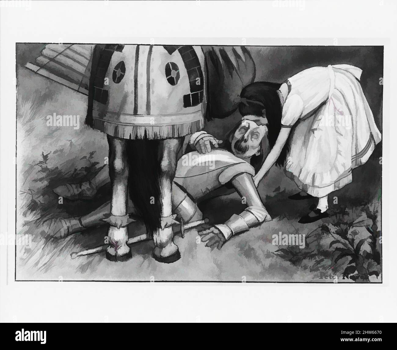 Kunst inspiriert von Alice und dem Weißen Ritter, Illustration für Through the Looking-Glass und What Alice Found There von Lewis Carroll (1902), 1902, Aquarell, Zeichnungen, Peter Newell (Amerikaner, McDonough County, Illinois 1862–1924 Little Neck, New York), Diese Illustration für Through the, Classic Works Modernized by Artotop with a Splash of Modernity. Formen, Farbe und Wert, auffällige visuelle Wirkung auf Kunst. Emotionen durch Freiheit von Kunstwerken auf zeitgemäße Weise. Eine zeitlose Botschaft, die eine wild kreative neue Richtung verfolgt. Künstler, die sich dem digitalen Medium zuwenden und die Artotop NFT erschaffen Stockfoto