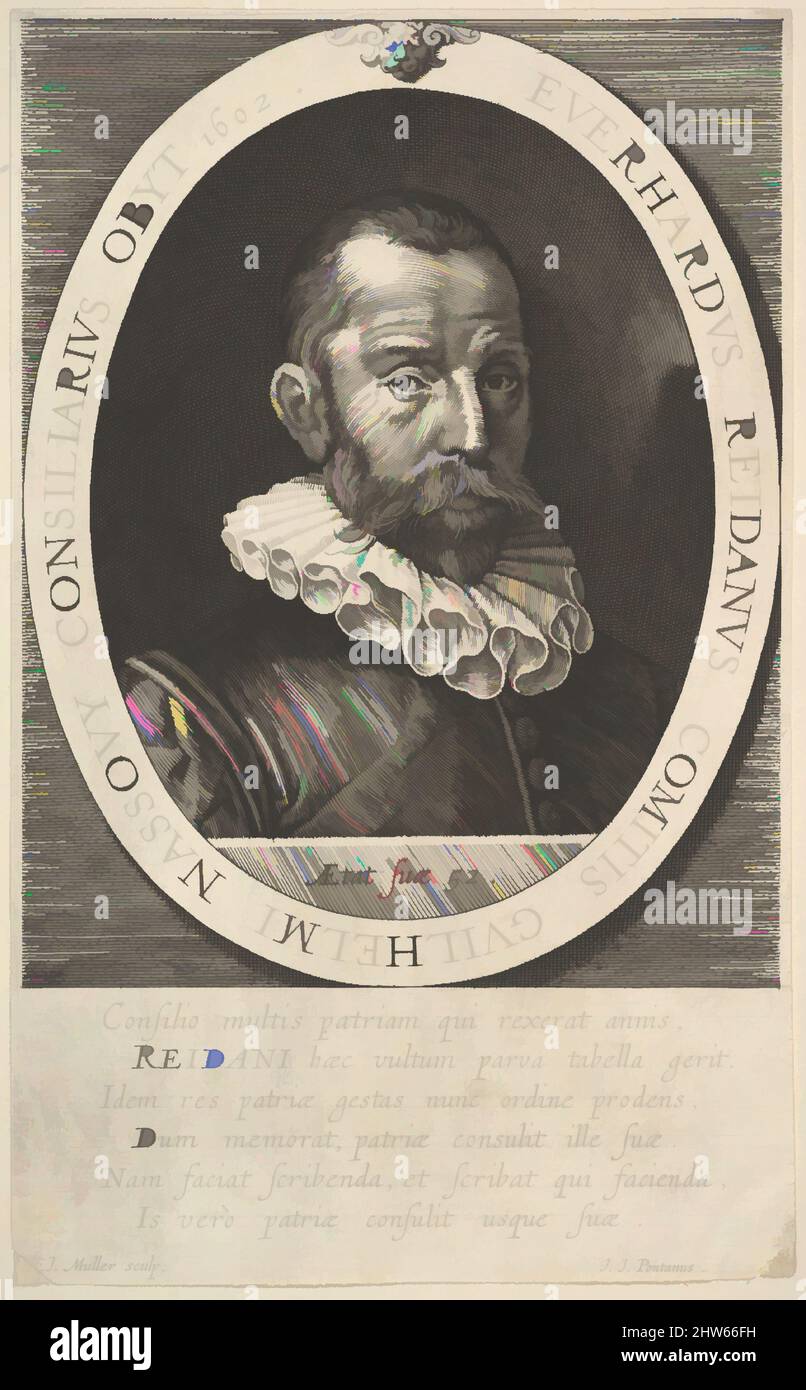 Kunst inspiriert von Portrait of Everhard van Reyd, Councillor of William, Prince of Orange, 1602, Gravur; Dritter Zustand von vier, 8 7/8 × 5 1/2 Zoll (22,5 × 14 cm), Drucke, Jan Muller (Niederlandisch, Amsterdam 1571–1628 Amsterdam, Klassische Werke, die von Artotop mit einem Schuss Moderne modernisiert wurden. Formen, Farbe und Wert, auffällige visuelle Wirkung auf Kunst. Emotionen durch Freiheit von Kunstwerken auf zeitgemäße Weise. Eine zeitlose Botschaft, die eine wild kreative neue Richtung verfolgt. Künstler, die sich dem digitalen Medium zuwenden und die Artotop NFT erschaffen Stockfoto