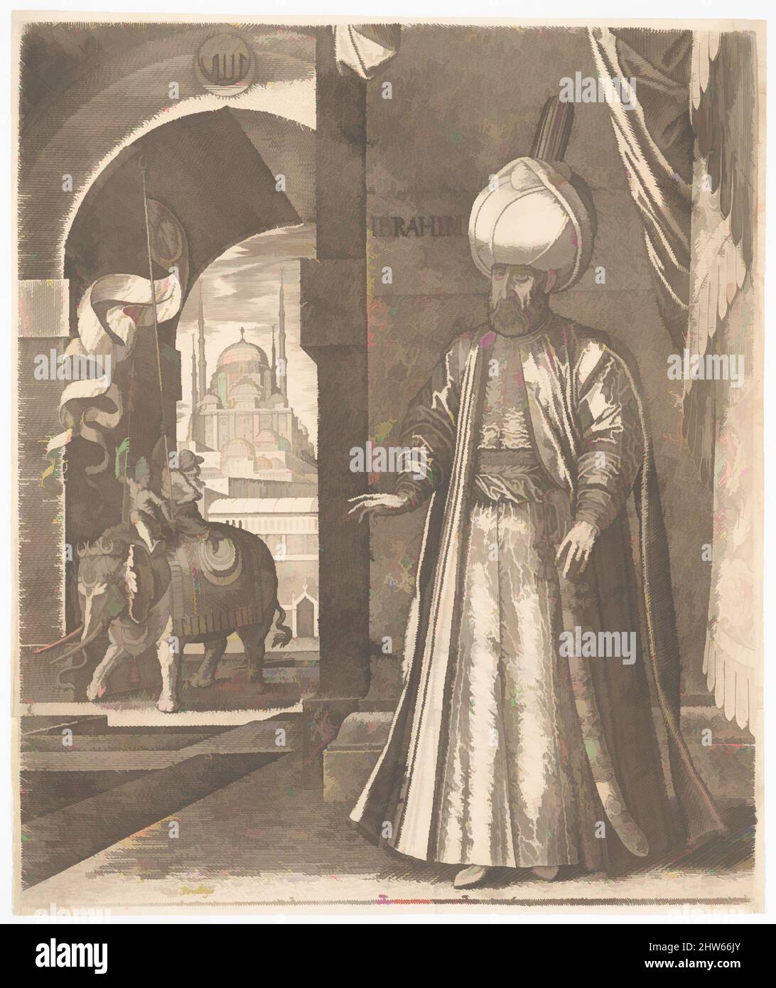 Kunst, inspiriert von Sultan Süleyman und der Süleymaniye-Moschee, Konstantinopel, 1574 (oder früher), geändert 1688, um Ibrahim I, 1559–1688, Gravur, 15 13/16 x 11 1/4 Zoll (40,2 x 28,6 cm), Drucke, Melchior Lorck (Dänisch, Flensburg 1526–nach 1588 Hamburg, Klassische Werke, die von Artotop mit einem Schuss Moderne modernisiert wurden. Formen, Farbe und Wert, auffällige visuelle Wirkung auf Kunst. Emotionen durch Freiheit von Kunstwerken auf zeitgemäße Weise. Eine zeitlose Botschaft, die eine wild kreative neue Richtung verfolgt. Künstler, die sich dem digitalen Medium zuwenden und die Artotop NFT erschaffen Stockfoto