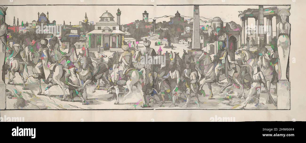 Kunst inspiriert von der Prozession des Sultans Süleyman durch das Atmeidan aus dem Fries CES Moeurs et fachons de faire de Turcz (Zoll und Mode der Türken), 1553, Holzschnitt, Blatt: 13 7/8 × 34 3/8 in. (35,2 × 87,3 cm), Drucke, nach Pieter Coecke van Aelst (Niederlandisch, Aelst 1502–, Klassische Werke, die von Artotop mit einem Schuss Moderne modernisiert wurden. Formen, Farbe und Wert, auffällige visuelle Wirkung auf Kunst. Emotionen durch Freiheit von Kunstwerken auf zeitgemäße Weise. Eine zeitlose Botschaft, die eine wild kreative neue Richtung verfolgt. Künstler, die sich dem digitalen Medium zuwenden und die Artotop NFT erschaffen Stockfoto