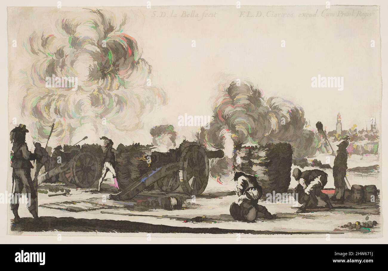 Kunst inspiriert von Platte 6: Kanonenbatterie, die auf eine Stadt abfeuert, aus 'Diverse Military Caprices' (Varii capricci militari), ca. 1641, Radierung; zweiter Zustand von vier, Blatt (auf Platte zugeschnitten): 3 1/2 × 5 9/16 Zoll (8,9 × 14,2 cm), Drucke, Stefano della Bella (Italienisch, Florenz 1610–1664, Klassische Werke, die von Artotop mit einem Schuss Moderne modernisiert wurden. Formen, Farbe und Wert, auffällige visuelle Wirkung auf Kunst. Emotionen durch Freiheit von Kunstwerken auf zeitgemäße Weise. Eine zeitlose Botschaft, die eine wild kreative neue Richtung verfolgt. Künstler, die sich dem digitalen Medium zuwenden und die Artotop NFT erschaffen Stockfoto