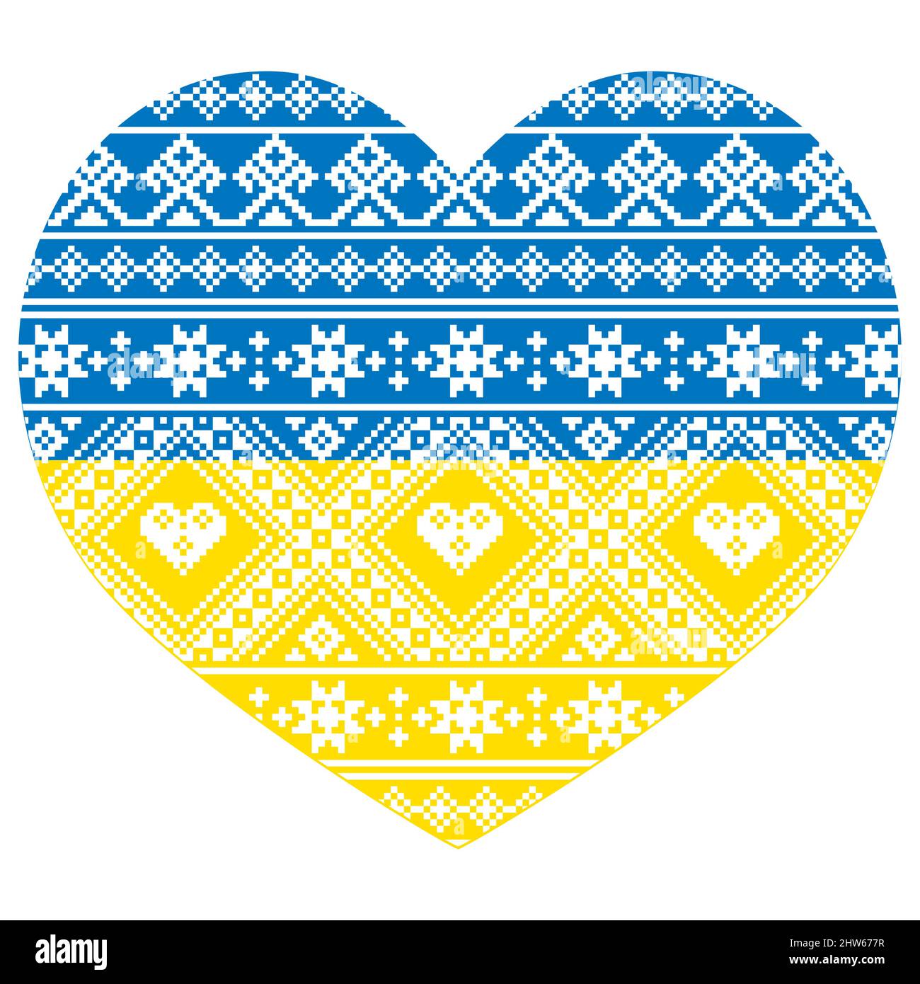 Ukrainische Flagge - Herzform mit Vyshywanka Volkskunst Vektor nahtlose Muster, traditionelle Prägung Design Stock Vektor