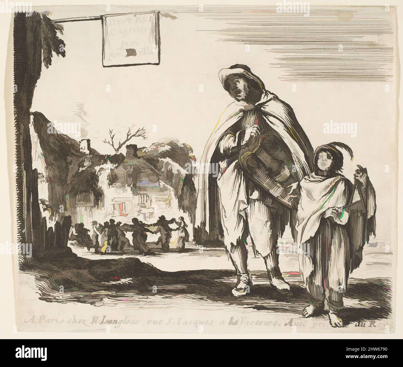 Art Inspired by Plate 1: Ein Mann singt und spielt die Drehleier, begleitet von einem Jungen, der das Dreieck nach rechts spielt, eine Gruppe von Bauern, die im Hintergrund in einem Ring nach links tanzen, Titelseite zu 'Diversi capricci', ca. 1644–47, Radierung; Dritter Zustand der vier (De Vesme), Blatt: 3 3/8 × 3 13/, Klassisches Werk, modernisiert von Artotop mit einem Schuss Moderne. Formen, Farbe und Wert, auffällige visuelle Wirkung auf Kunst. Emotionen durch Freiheit von Kunstwerken auf zeitgemäße Weise. Eine zeitlose Botschaft, die eine wild kreative neue Richtung verfolgt. Künstler, die sich dem digitalen Medium zuwenden und die Artotop NFT erschaffen Stockfoto