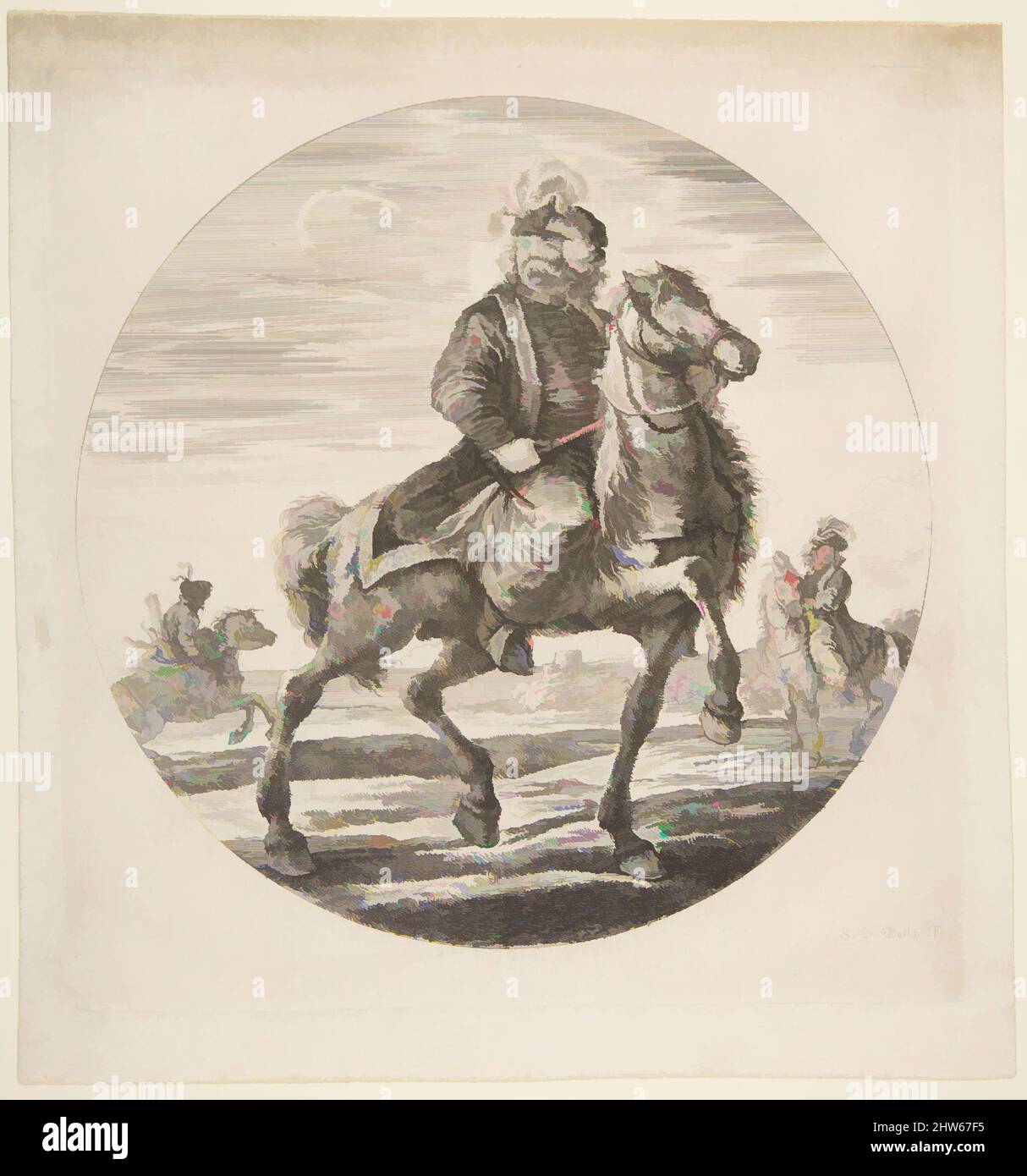 Kunst inspiriert von dem ungarischen Reiter, der nach rechts reitet, andere Reiter im Hintergrund, eine kreisförmige Komposition aus 'Figures on Horseback' (Cavaliers Nègres, polonais et hongrois), ca. 1651, Ätzen, Platte: 7 3/8 × 7 3/16 Zoll (18,8 × 18,2 cm), Drucke, Stefano della Bella (, Klassisches Werk, das von Artotop mit einem Schuss Moderne modernisiert wurde. Formen, Farbe und Wert, auffällige visuelle Wirkung auf Kunst. Emotionen durch Freiheit von Kunstwerken auf zeitgemäße Weise. Eine zeitlose Botschaft, die eine wild kreative neue Richtung verfolgt. Künstler, die sich dem digitalen Medium zuwenden und die Artotop NFT erschaffen Stockfoto