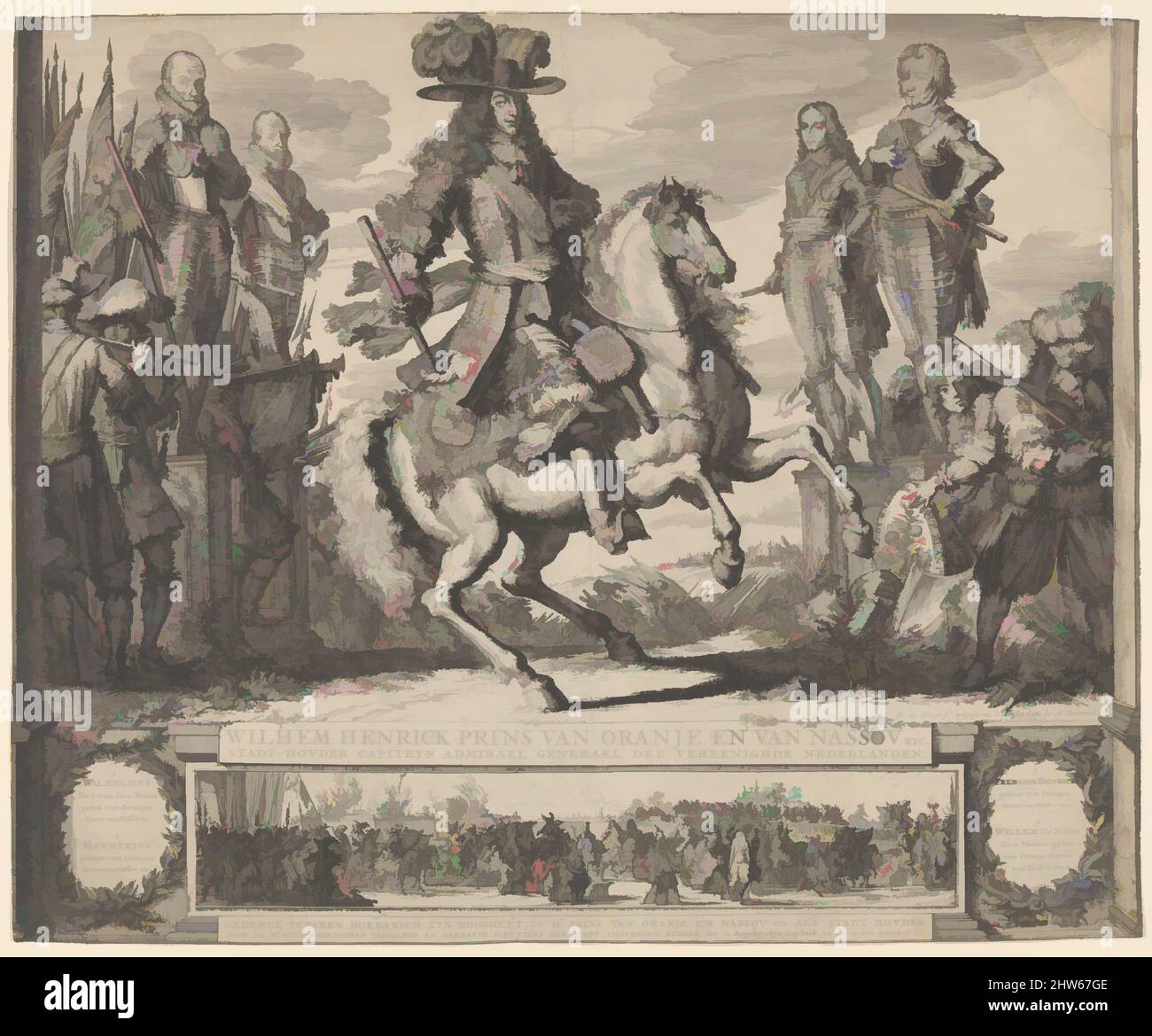 Kunst inspiriert von Wilhelm III. Als Prinz von Orange, mit den vier vorhergehenden Stadthoudern, William I., Maurice, Frederick Hendrick, William II., n.d., Ätzen; dritter Zustand, Blatt: 18 7/16 x 22 1/2 Zoll (46,9 x 57,1 cm), Drucke, Romeyn de Hooghe (Niederländisch, 1645–1708, Klassische Werke, die von Artotop mit einem Schuss Moderne modernisiert wurden. Formen, Farbe und Wert, auffällige visuelle Wirkung auf Kunst. Emotionen durch Freiheit von Kunstwerken auf zeitgemäße Weise. Eine zeitlose Botschaft, die eine wild kreative neue Richtung verfolgt. Künstler, die sich dem digitalen Medium zuwenden und die Artotop NFT erschaffen Stockfoto