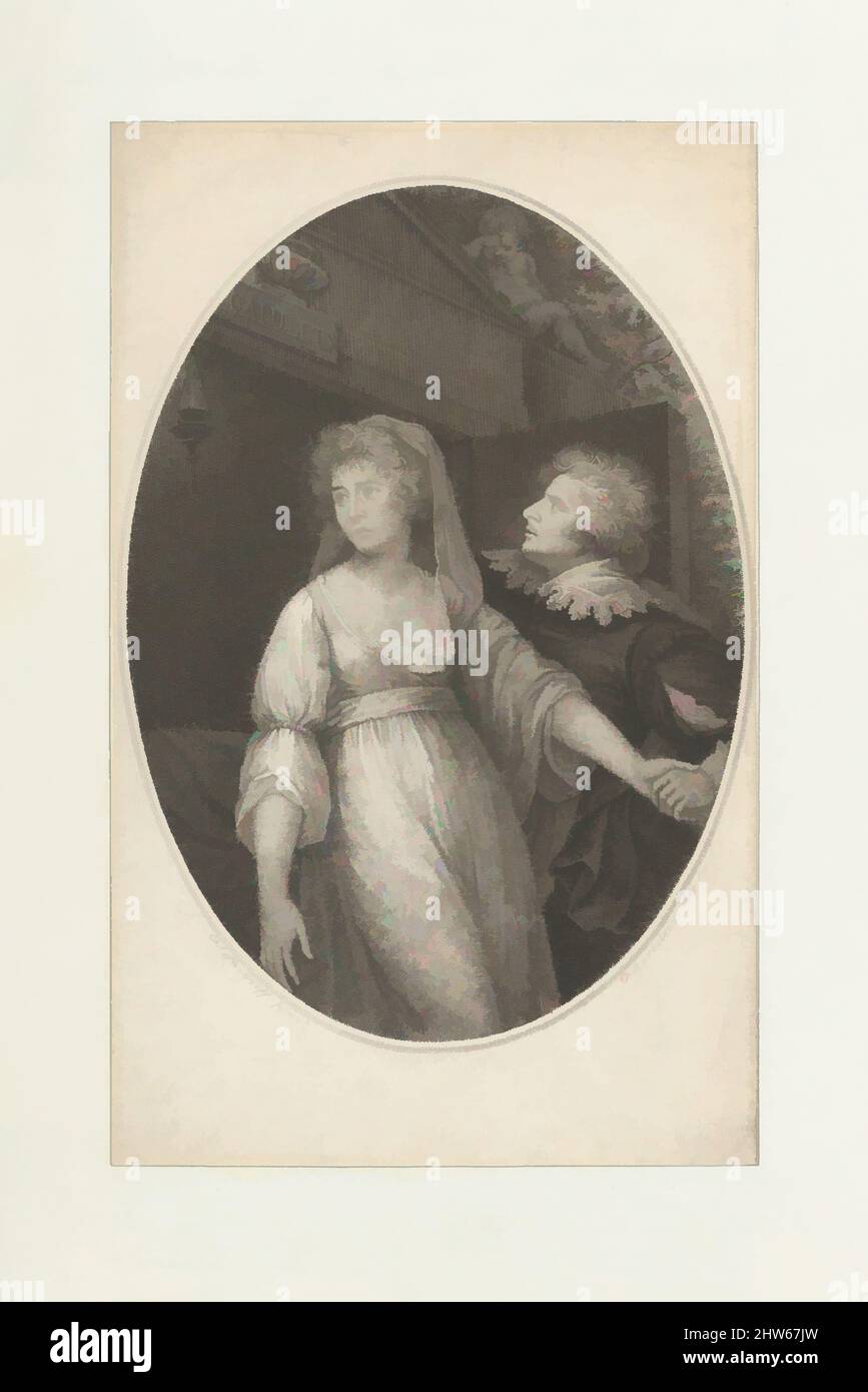 Kunst, inspiriert von Mr. Dimond und Miss Wallis in den Charakteren von Romeo und Julia, 1. Mai 1796, Stichelgravur und Radierung; früher Zustand, Blatt: 8 3/4 x 5 3/8 Zoll (22,2 x 13,7 cm) (abgeschnittenes Abdruck, inlaid), Drucke, After Charles Shirreff (britisch, Edinburgh ca. 1750–ca. 1831 Bad, Classic Works modernisiert von Artotop mit einem Schuss Moderne. Formen, Farbe und Wert, auffällige visuelle Wirkung auf Kunst. Emotionen durch Freiheit von Kunstwerken auf zeitgemäße Weise. Eine zeitlose Botschaft, die eine wild kreative neue Richtung verfolgt. Künstler, die sich dem digitalen Medium zuwenden und die Artotop NFT erschaffen Stockfoto