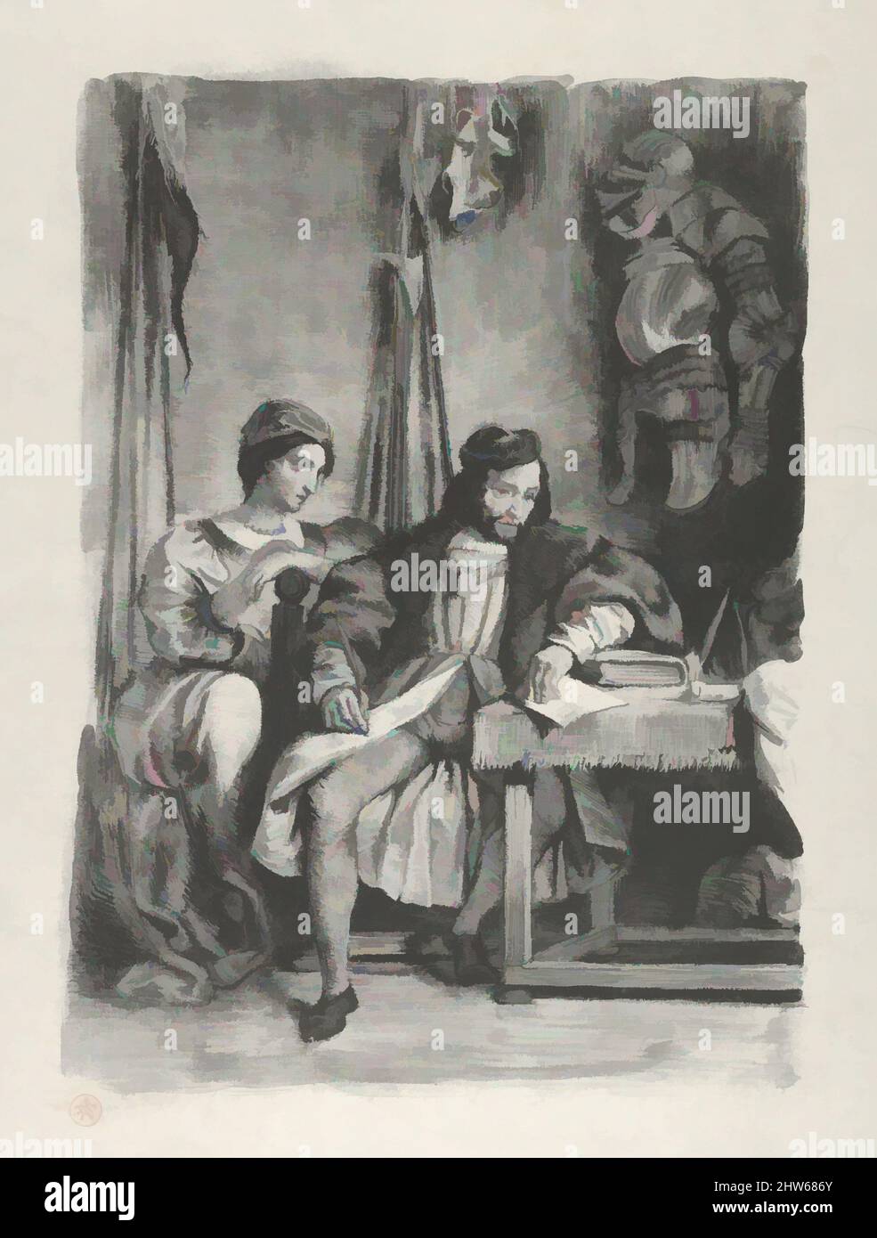 Kunst inspiriert von Goetz von Berlichingen, der seine Memoiren schrieb, 1836–43, Lithographie auf Wobentpapier; zweiter Zustand von vier, Bild: 10 7/16 x 7 1/2 in. (26,5 x 19 cm), Drucke, Eugène Delacroix (französisch, Charenton-Saint-Maurice 1798–1863 Paris), das Thema dieses Drucks basiert auf einer Szene in, von Artotop modernisierten Klassischen Werken mit einem Schuss Moderne. Formen, Farbe und Wert, auffällige visuelle Wirkung auf Kunst. Emotionen durch Freiheit von Kunstwerken auf zeitgemäße Weise. Eine zeitlose Botschaft, die eine wild kreative neue Richtung verfolgt. Künstler, die sich dem digitalen Medium zuwenden und die Artotop NFT erschaffen Stockfoto