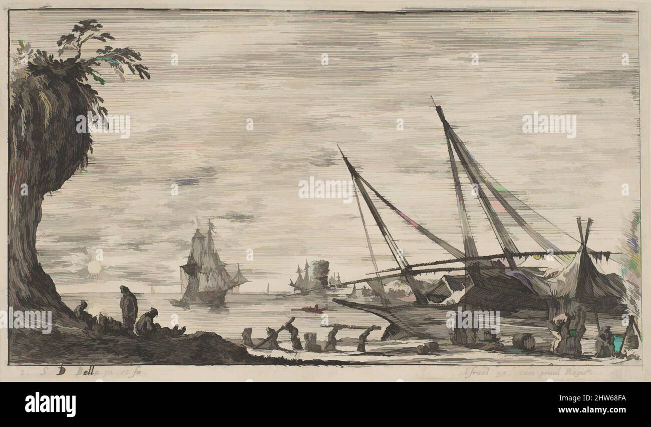 Kunst inspiriert von Platte 1: Seehafen mit Schiffen, aus 'Seascapes' (Paysages maritimes), ca. 1644, Ätzen, Blatt (auf Platte zugeschnitten): 2 15/16 × 5 1/8 Zoll (7,5 × 13 cm), Drucke, Stefano della Bella (Italienisch, Florenz 1610–1664 Florenz, Klassische Werke, die von Artotop mit einem Schuss Moderne modernisiert wurden. Formen, Farbe und Wert, auffällige visuelle Wirkung auf Kunst. Emotionen durch Freiheit von Kunstwerken auf zeitgemäße Weise. Eine zeitlose Botschaft, die eine wild kreative neue Richtung verfolgt. Künstler, die sich dem digitalen Medium zuwenden und die Artotop NFT erschaffen Stockfoto