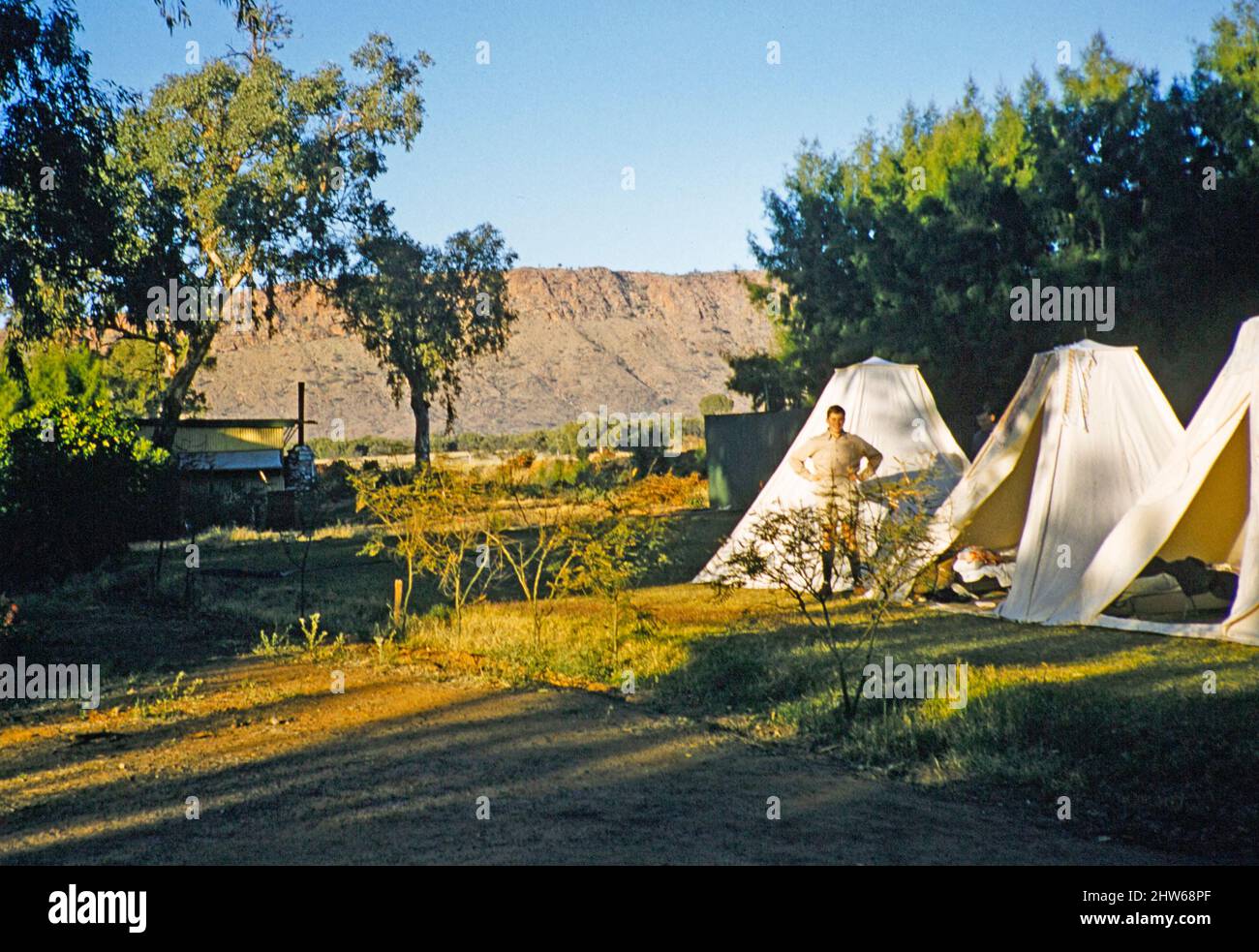 Melbourne Grammar School Expedition, Northern Territory, Australien im Jahr 1956 - Zeltlager am Mount Gillen Hotel, Alice Springs Stockfoto