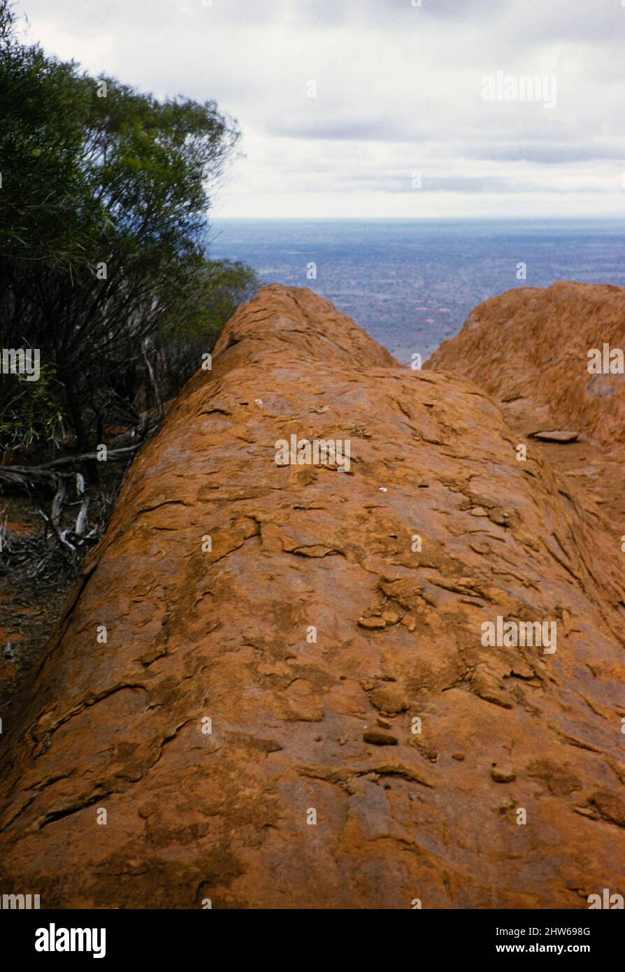 Melbourne Grammar School Expedition, Northern Territory, Australien in 1956 felsige Oberfläche des Ayers Rock, Uluru Blick dahinter Stockfoto