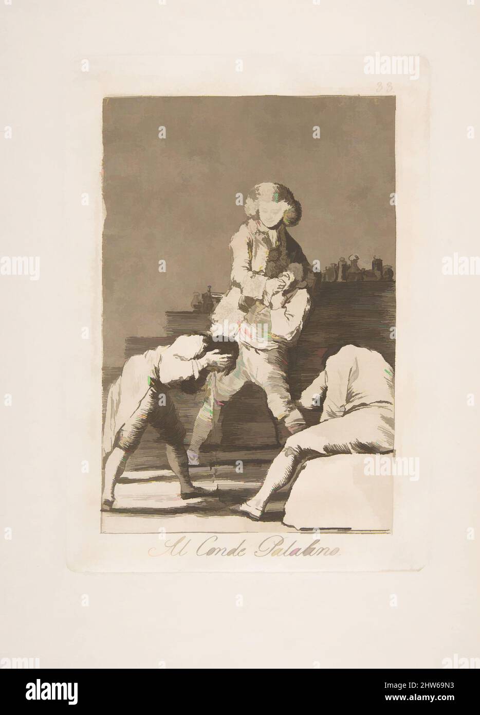 Kunst inspiriert von Tafel 33 aus 'Los Caprichos':an den Grafen Palatin (Al Conde Palatino.), 1799, Ätzung, Aquatinta, Trockenpunkt und Burin, Platte: 8 7/16 x 5 7/8 Zoll (21,4 x 15 cm), Drucke, Goya (Francisco de Goya y Lucientes) (Spanisch, Fuendetodos 1746–1828 Bordeaux, Klassisches Werk, modernisiert von Artotop mit einem Schuss Moderne. Formen, Farbe und Wert, auffällige visuelle Wirkung auf Kunst. Emotionen durch Freiheit von Kunstwerken auf zeitgemäße Weise. Eine zeitlose Botschaft, die eine wild kreative neue Richtung verfolgt. Künstler, die sich dem digitalen Medium zuwenden und die Artotop NFT erschaffen Stockfoto