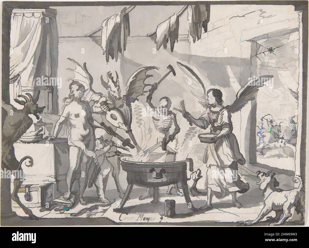 Kunst inspiriert von der Teufelsküche besucht von einem Engel, Mitte 17. bis Ende 17. Jahrhundert, Stift und graue Tinte, Pinsel und Grauwäsche, Blatt: 3 3/4 x 5 1/8 Zoll (9,5 x 13 cm), Zeichnungen, Conrad Meyer (Schweizer, Zürich 1618–1689 Zürich, Klassische Werke, die von Artotop mit einem Schuss Moderne modernisiert wurden. Formen, Farbe und Wert, auffällige visuelle Wirkung auf Kunst. Emotionen durch Freiheit von Kunstwerken auf zeitgemäße Weise. Eine zeitlose Botschaft, die eine wild kreative neue Richtung verfolgt. Künstler, die sich dem digitalen Medium zuwenden und die Artotop NFT erschaffen Stockfoto
