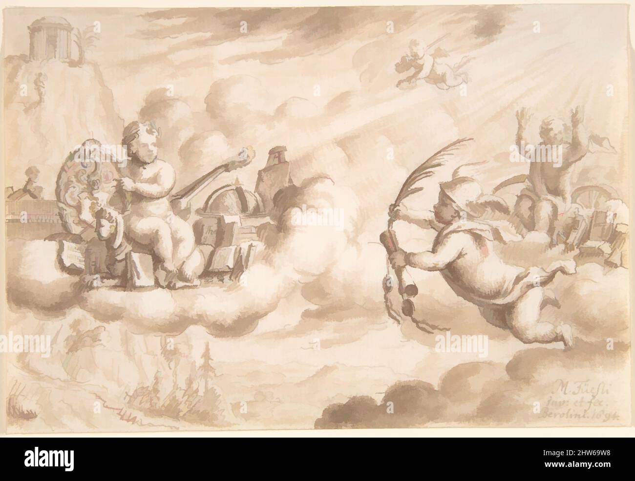 Kunst inspiriert von Allegorie der Kunst und des Wissens mit dem Wappen von Hans Wilpert Zoller, 1694, Stift und braune Tinte, Pinsel und braune Wäsche, Blatt: 3 11/16 x 5 7/16 cm (9,4 x 13,8 cm), Zeichnungen, Mathais Füssli der jüngste (Schweizer, Zürich 1671–1739 Zürich, Klassische Werke, die von Artotop mit einem Schuss Moderne modernisiert wurden. Formen, Farbe und Wert, auffällige visuelle Wirkung auf Kunst. Emotionen durch Freiheit von Kunstwerken auf zeitgemäße Weise. Eine zeitlose Botschaft, die eine wild kreative neue Richtung verfolgt. Künstler, die sich dem digitalen Medium zuwenden und die Artotop NFT erschaffen Stockfoto