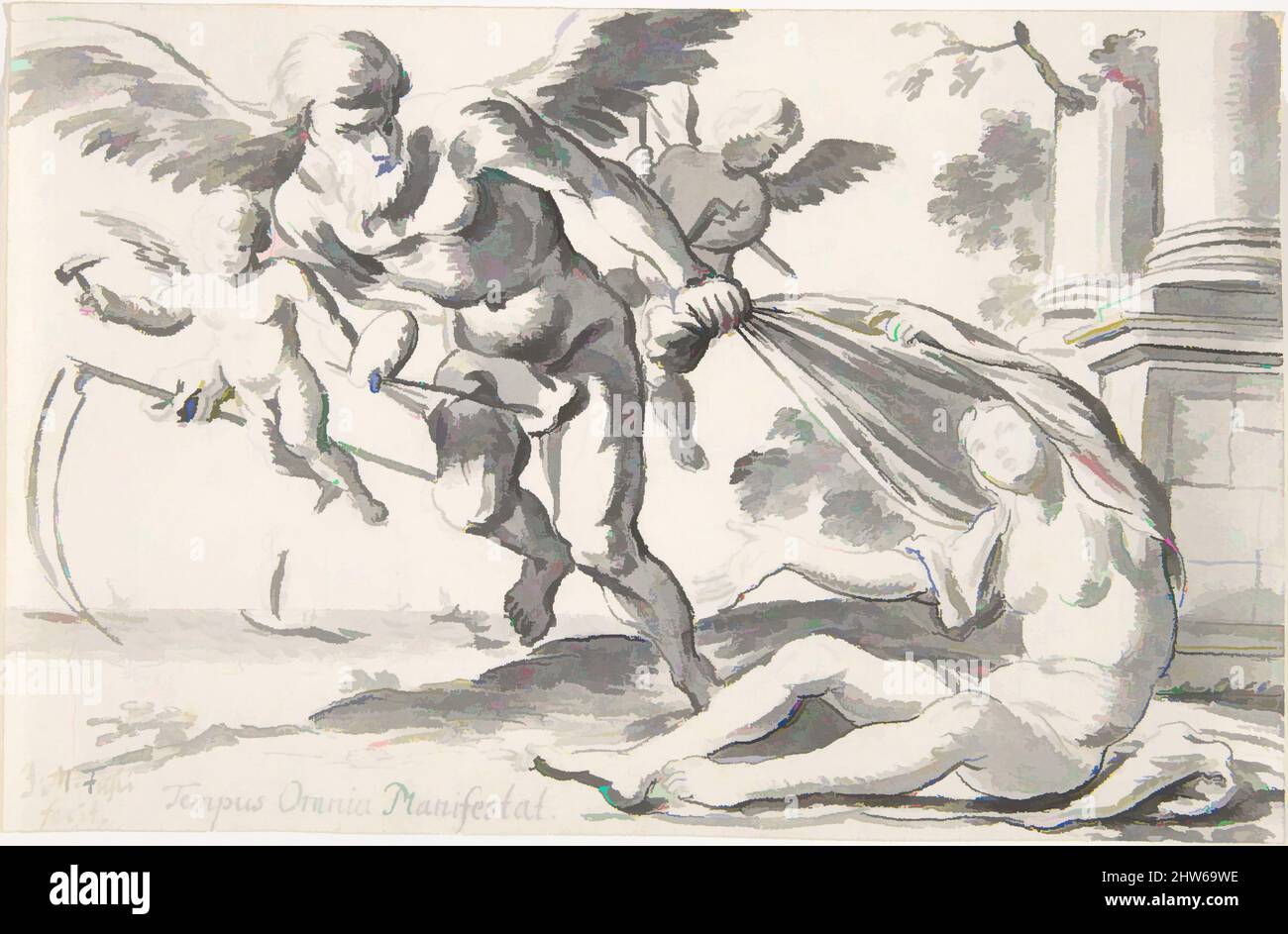 Art Inspired by Tempus omnia Manifest': Allegory of Art and Knowledge, late 17.–early 18. Century, Pen and black ink, brush and grey wash, Sheet: 3 1/2 x 5 7/16 in. (8,9 x 13,8 cm), Zeichnungen, Johann Melchior Füssli (Schweizer, Zürich 1677–1736 Zürich, Klassische Werke, die von Artotop mit einem Schuss Moderne modernisiert wurden. Formen, Farbe und Wert, auffällige visuelle Wirkung auf Kunst. Emotionen durch Freiheit von Kunstwerken auf zeitgemäße Weise. Eine zeitlose Botschaft, die eine wild kreative neue Richtung verfolgt. Künstler, die sich dem digitalen Medium zuwenden und die Artotop NFT erschaffen Stockfoto