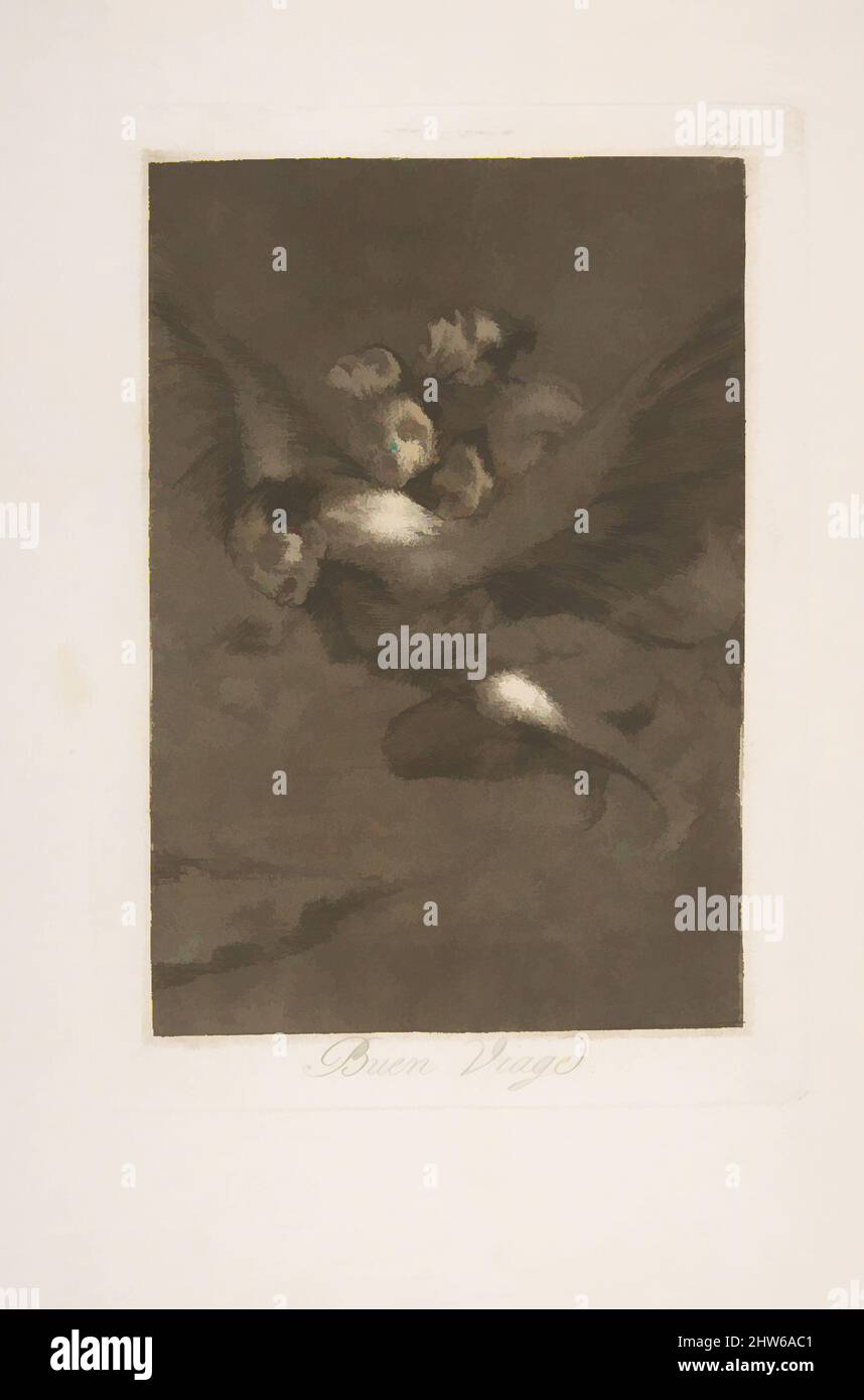 Art inspired by Plate 64 from 'Los Caprichos': Bon Voyage (Buen Viage.), 1799, Radierung, brüniertes Aquatinta und Burin, Plate: 8 7/16 x 6 in. (21,5 x 15,3 cm), Drucke, Goya (Francisco de Goya y Lucientes) (Spanisch, Fuendetodos 1746–1828 Bordeaux, Klassisches Werk, modernisiert von Artotop mit einem Schuss Moderne. Formen, Farbe und Wert, auffällige visuelle Wirkung auf Kunst. Emotionen durch Freiheit von Kunstwerken auf zeitgemäße Weise. Eine zeitlose Botschaft, die eine wild kreative neue Richtung verfolgt. Künstler, die sich dem digitalen Medium zuwenden und die Artotop NFT erschaffen Stockfoto