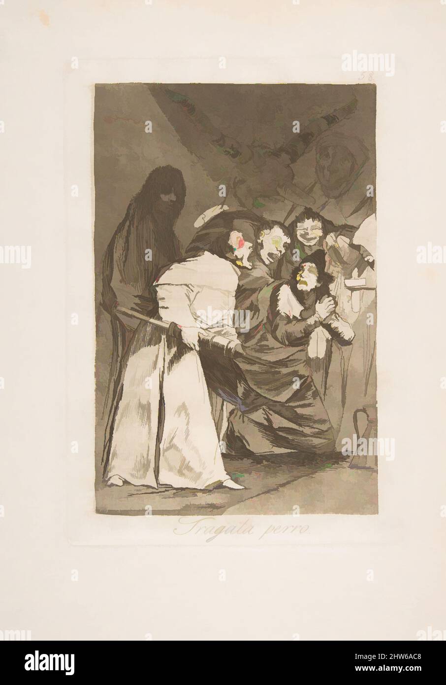 Kunst inspiriert von Platte 58 aus 'Los Caprichos': Swallow it, Dog (Tragala perro.), 1799, Ätzung, brüniertes Aquatinta und Trockenpunkt, Platte: 8 7/16 × 5 15/16 Zoll (21,5 × 15,1 cm), Drucke, Goya (Francisco de Goya y Lucientes) (Spanisch, Fuendetodos 1746–1828 Bordeaux, Klassisches Werk, modernisiert von Artotop mit einem Schuss Moderne. Formen, Farbe und Wert, auffällige visuelle Wirkung auf Kunst. Emotionen durch Freiheit von Kunstwerken auf zeitgemäße Weise. Eine zeitlose Botschaft, die eine wild kreative neue Richtung verfolgt. Künstler, die sich dem digitalen Medium zuwenden und die Artotop NFT erschaffen Stockfoto