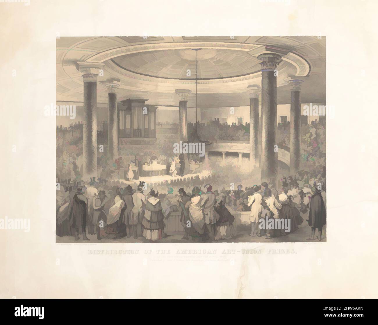 Art Inspired by Distribution of the American Art Union Prizes, at the Tabernacle, Broadway, 24. Dezember 1847, 1847, Lithograph mit getönten Steinen, Bild: 15 3/4 x 21 5/8 Zoll (40 x 54,9 cm), Drucke, Davignon (amerikanisch, 19. Jahrhundert), After Tompkins Harrison Matteson (amerikanisch, Peterboro, Klassisches Werk, das von Artotop mit einem Schuss Modernität modernisiert wurde. Formen, Farbe und Wert, auffällige visuelle Wirkung auf Kunst. Emotionen durch Freiheit von Kunstwerken auf zeitgemäße Weise. Eine zeitlose Botschaft, die eine wild kreative neue Richtung verfolgt. Künstler, die sich dem digitalen Medium zuwenden und die Artotop NFT erschaffen Stockfoto