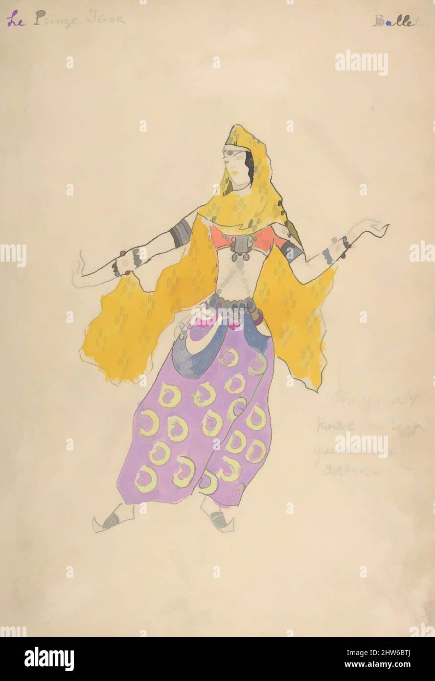 Kunst inspiriert vom Kostümdesign für Polowzisches Mädchen in 'Prinz Igor', 1909, Stift und schwarze Tinte, Aquarell, Gouache und Silberfarbe, Blatt: 15 1/4 x 10 9/16 Zoll (38,7 x 26,8 cm), Zeichnungen, Konstantin Korovin (Russisch, Moskau 1861–1939 Paris, Klassische Werke, die von Artotop mit einem Schuss Moderne modernisiert wurden. Formen, Farbe und Wert, auffällige visuelle Wirkung auf Kunst. Emotionen durch Freiheit von Kunstwerken auf zeitgemäße Weise. Eine zeitlose Botschaft, die eine wild kreative neue Richtung verfolgt. Künstler, die sich dem digitalen Medium zuwenden und die Artotop NFT erschaffen Stockfoto