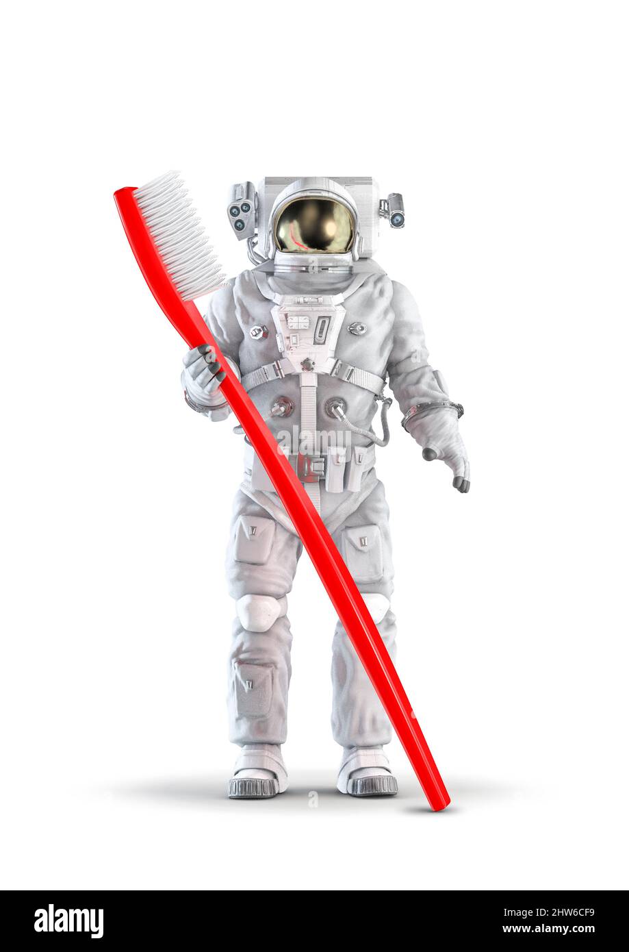Astronaut Dentalhygiene-Konzept - 3D Illustration des Raumanzugs trägt männliche Figur hält riesige rote Zahnbürste isoliert auf weißen Studio-Backgrou Stockfoto