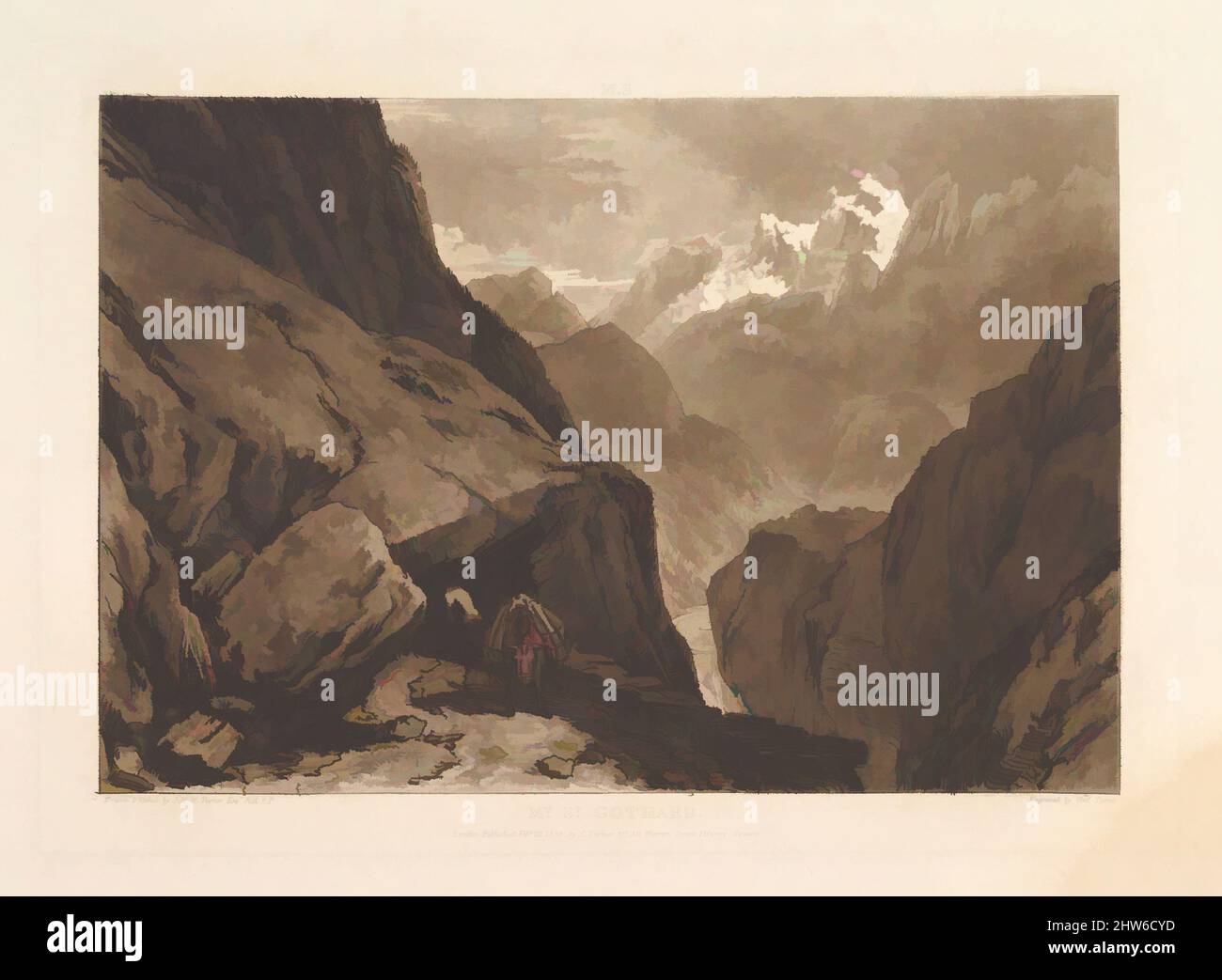 Kunst inspiriert von Mt. St. Gothard (Liber Studiorum, Teil II, Platte 9), 20. Februar 1808, Ätzung und Mezzotinta; erster Zustand von sechs (Finberg), Platte: 7 x 10 5/16 Zoll (17,8 x 26,2 cm), Drucke, entworfen und geätzt von Joseph Mallord William Turner (britisch, London 1775–1851 London, Klassische Werke, die von Artotop mit einem Schuss Moderne modernisiert wurden. Formen, Farbe und Wert, auffällige visuelle Wirkung auf Kunst. Emotionen durch Freiheit von Kunstwerken auf zeitgemäße Weise. Eine zeitlose Botschaft, die eine wild kreative neue Richtung verfolgt. Künstler, die sich dem digitalen Medium zuwenden und die Artotop NFT erschaffen Stockfoto