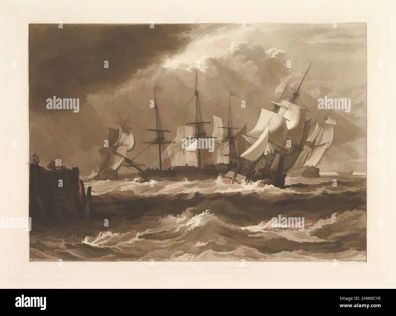 Art Inspired by Ships in a Breeze (Liber Studiorum, Teil II, Platte 10), 20. Februar 1808, Ätzung und Mezzotinta; erster Zustand von fünf (Finberg), Platte: 7 3/16 x 10 3/16 Zoll (18,3 x 25,9 cm), Drucke, entworfen und geätzt von Joseph Mallord William Turner (britisch, London 1775–1851 London, Klassische Werke, die von Artotop mit einem Schuss Moderne modernisiert wurden. Formen, Farbe und Wert, auffällige visuelle Wirkung auf Kunst. Emotionen durch Freiheit von Kunstwerken auf zeitgemäße Weise. Eine zeitlose Botschaft, die eine wild kreative neue Richtung verfolgt. Künstler, die sich dem digitalen Medium zuwenden und die Artotop NFT erschaffen Stockfoto