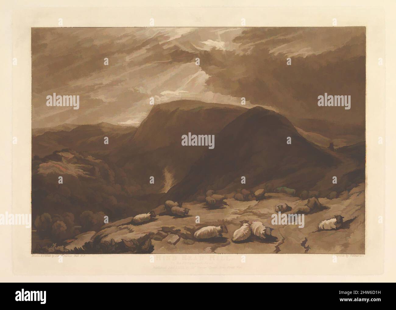 Art inspired by Hind Head Hill, on the Portsmouth Road (Liber Studiorum, Teil V, Platte 25), 1. Januar 1811, Ätzung, Mezzotinta und Trockenpunkt; erster Zustand von vier (Finberg), Platte: 7 x 10 1/4 Zoll (17,8 x 26 cm), Drucke, entworfen und geätzt von Joseph Mallord William Turner (britisch, Classic Works modernisiert von Artotop mit einem Schuss Moderne. Formen, Farbe und Wert, auffällige visuelle Wirkung auf Kunst. Emotionen durch Freiheit von Kunstwerken auf zeitgemäße Weise. Eine zeitlose Botschaft, die eine wild kreative neue Richtung verfolgt. Künstler, die sich dem digitalen Medium zuwenden und die Artotop NFT erschaffen Stockfoto
