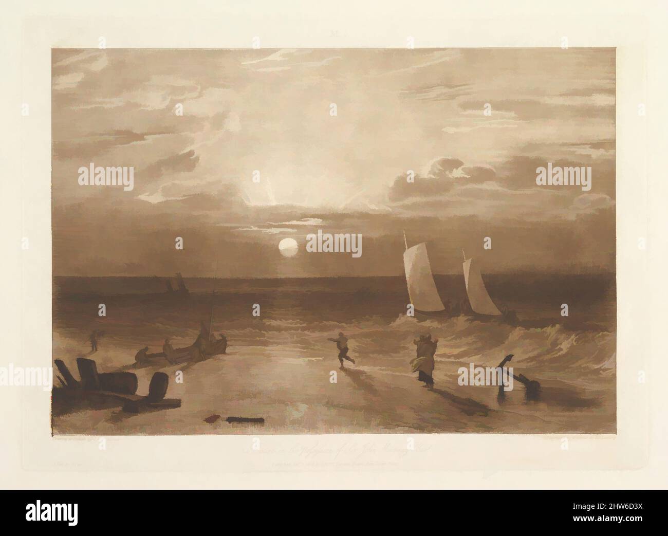 Kunst inspiriert vom Mildmay Sea-Piece (Liber Studiorum, Teil VIII, Platte 40), 11. Februar 1812, Ätzung und Mezzotinta; erster Zustand von vier, Platte: 7 1/4 x 10 7/16 Zoll (18,4 x 26,5 cm), Drucke, entworfen und geätzt von Joseph Mallord William Turner (britisch, London 1775–1851 London, Klassische Werke, die von Artotop mit einem Schuss Moderne modernisiert wurden. Formen, Farbe und Wert, auffällige visuelle Wirkung auf Kunst. Emotionen durch Freiheit von Kunstwerken auf zeitgemäße Weise. Eine zeitlose Botschaft, die eine wild kreative neue Richtung verfolgt. Künstler, die sich dem digitalen Medium zuwenden und die Artotop NFT erschaffen Stockfoto