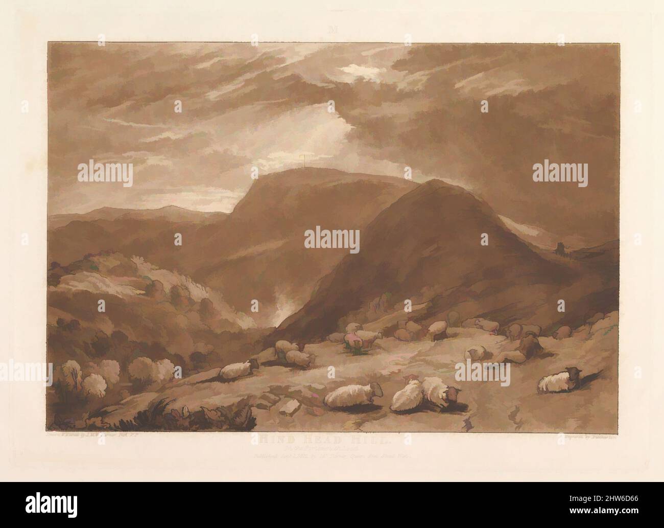 Art inspired by Hind Head Hill, on the Portsmouth Road (Liber Studiorum, Teil V, Platte 25), 1. Januar 1811, Ätzung, Mezzotinta und Trockenpunkt; vierter Zustand von vier (Finberg), Platte: 7 x 10 5/16 Zoll (17,8 x 26,2 cm), Drucke, entworfen und geätzt von Joseph Mallord William Turner (britisch, Classic Works modernisiert von Artotop mit einem Schuss Moderne. Formen, Farbe und Wert, auffällige visuelle Wirkung auf Kunst. Emotionen durch Freiheit von Kunstwerken auf zeitgemäße Weise. Eine zeitlose Botschaft, die eine wild kreative neue Richtung verfolgt. Künstler, die sich dem digitalen Medium zuwenden und die Artotop NFT erschaffen Stockfoto