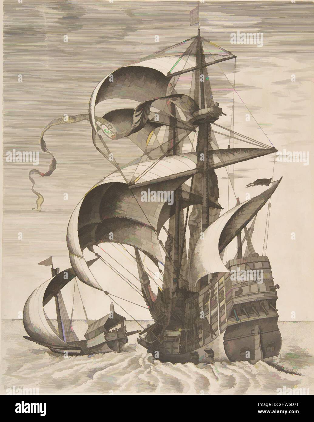 Kunst inspiriert von bewaffneten Dreiern auf offener See, begleitet von einer Galeere aus den Segelschiffen, 1561–65, Gravieren und Radierung; zweiter Zustand von drei, Blatt: 13 1/4 x 10 1/4 Zoll (33,6 x 26 cm), Drucke, nach Pieter Bruegel dem Älteren (Niederländisch, Breda (?) Ca. 1525–1569 Brüssel, Klassisches Werk, modernisiert von Artotop mit einem Schuss Moderne. Formen, Farbe und Wert, auffällige visuelle Wirkung auf Kunst. Emotionen durch Freiheit von Kunstwerken auf zeitgemäße Weise. Eine zeitlose Botschaft, die eine wild kreative neue Richtung verfolgt. Künstler, die sich dem digitalen Medium zuwenden und die Artotop NFT erschaffen Stockfoto