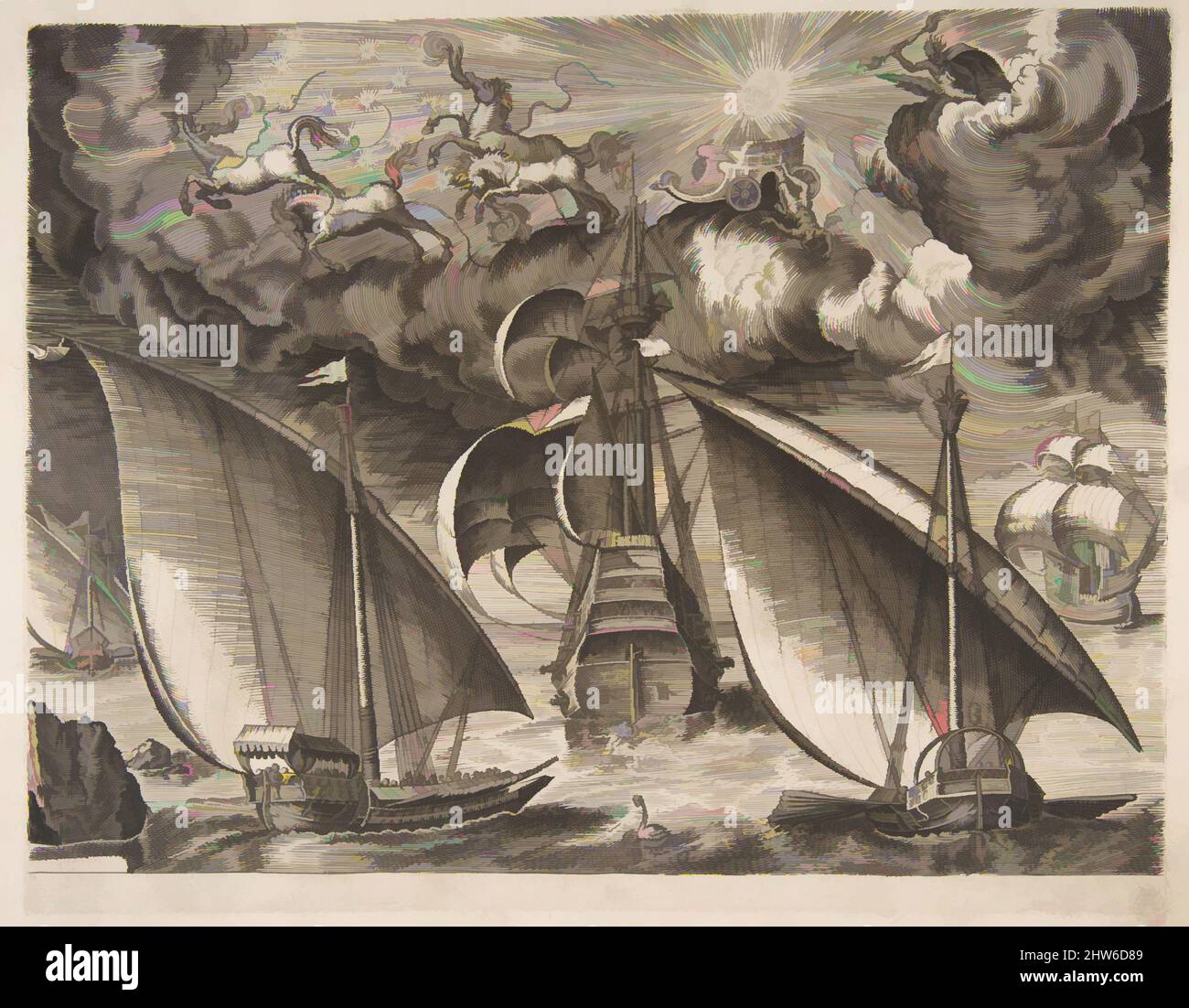 Kunst inspiriert von zwei Galeeren, die hinter einem bewaffneten Dreimaster mit Phaeton und Jupiter am Himmel segeln, aus der Serie der Schiffe, 1561–65, Gravieren; erster Zustand von zwei, Blatt: 10 1/4 x 13 1/2 Zoll (26,1 x 34,3 cm), Drucke, nach Pieter Bruegel dem Älteren (Niederländisch, Breda (?) Ca. 1525, Classic Works modernisiert von Artotop mit einem Schuss Moderne. Formen, Farbe und Wert, auffällige visuelle Wirkung auf Kunst. Emotionen durch Freiheit von Kunstwerken auf zeitgemäße Weise. Eine zeitlose Botschaft, die eine wild kreative neue Richtung verfolgt. Künstler, die sich dem digitalen Medium zuwenden und die Artotop NFT erschaffen Stockfoto