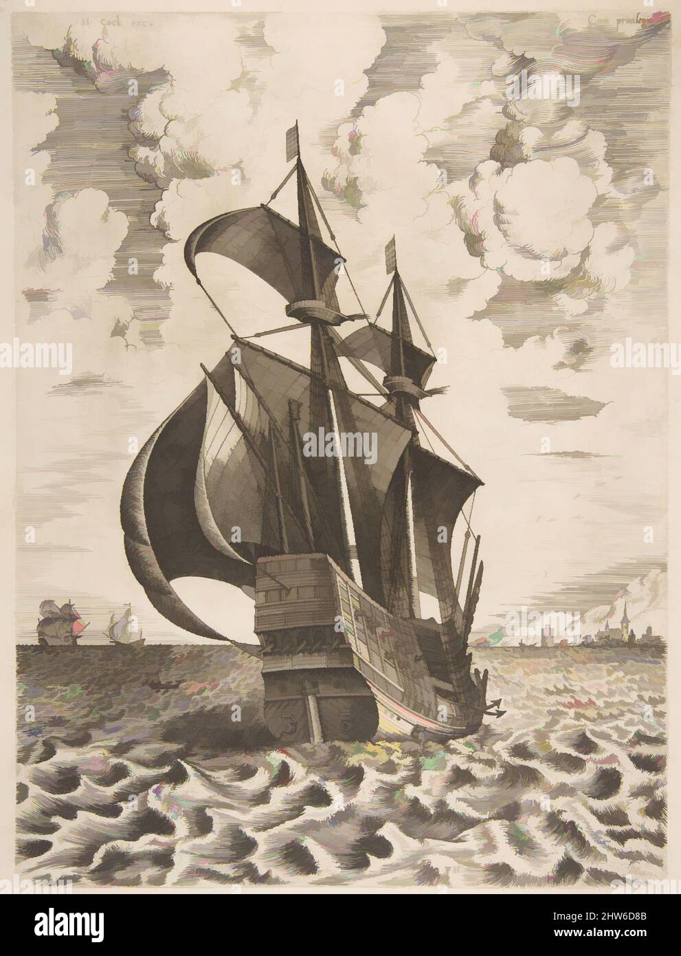 Kunst inspiriert von der bewaffneten vier-Master-Segeln in Richtung eines Hafens von den Segelschiffen, 1561–65, Gravur; zweiter Zustand von vier, Blatt: 13 5/16 x 10 1/4 Zoll (33,8 x 26 cm), Drucke, nach Pieter Bruegel dem Älteren (Niederländisch, Breda (?) Ca. 1525–1569 Brüssel), Frans Huys (Niederländisches, klassisches Werk, das von Artotop mit einem Schuss Moderne modernisiert wurde. Formen, Farbe und Wert, auffällige visuelle Wirkung auf Kunst. Emotionen durch Freiheit von Kunstwerken auf zeitgemäße Weise. Eine zeitlose Botschaft, die eine wild kreative neue Richtung verfolgt. Künstler, die sich dem digitalen Medium zuwenden und die Artotop NFT erschaffen Stockfoto