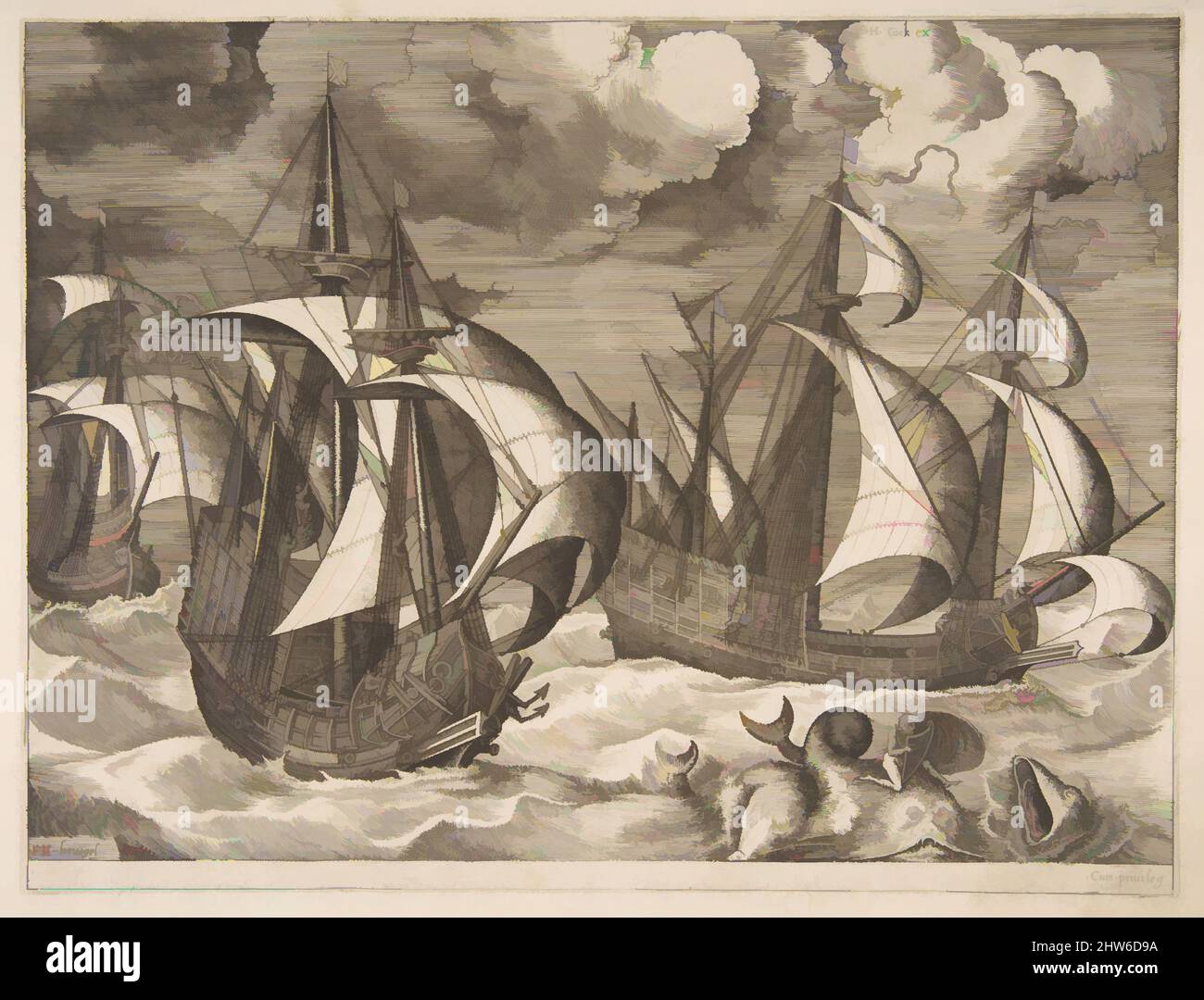 Kunst inspiriert von drei Karavellen in einem aufsteigenden Squall mit Arion auf einem Delphin von den Segelschiffen, 1561–65, Gravur; erster Zustand von sechs, Blatt: 10 1/4 x 21 3/16 Zoll (26,1 x 53,8 cm), Drucke, nach Pieter Bruegel dem Älteren (Niederländisch, Breda (?) Ca. 1525–1569 Brüssel), Frans Huys, Klassische Werke, die von Artotop mit einem Schuss Moderne modernisiert wurden. Formen, Farbe und Wert, auffällige visuelle Wirkung auf Kunst. Emotionen durch Freiheit von Kunstwerken auf zeitgemäße Weise. Eine zeitlose Botschaft, die eine wild kreative neue Richtung verfolgt. Künstler, die sich dem digitalen Medium zuwenden und die Artotop NFT erschaffen Stockfoto