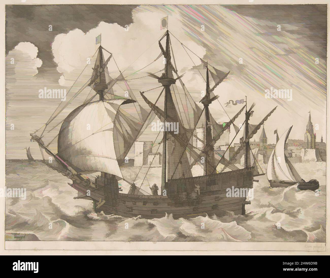 Kunst inspiriert durch bewaffnete vier-Meister, die von den Segelschiffen aus auf See fahren, ca. 1555–56, Gravieren, Platte: 8 13/16 x 11 9/16 Zoll (22,4 x 29,3 cm), Drucke, Frans Huys (Niederländisch, 1522–1562), nach Pieter Bruegel dem Älteren (Niederländisch, Breda (?) Ca. 1525–1569 Brüssel, Klassisches Werk, modernisiert von Artotop mit einem Schuss Moderne. Formen, Farbe und Wert, auffällige visuelle Wirkung auf Kunst. Emotionen durch Freiheit von Kunstwerken auf zeitgemäße Weise. Eine zeitlose Botschaft, die eine wild kreative neue Richtung verfolgt. Künstler, die sich dem digitalen Medium zuwenden und die Artotop NFT erschaffen Stockfoto