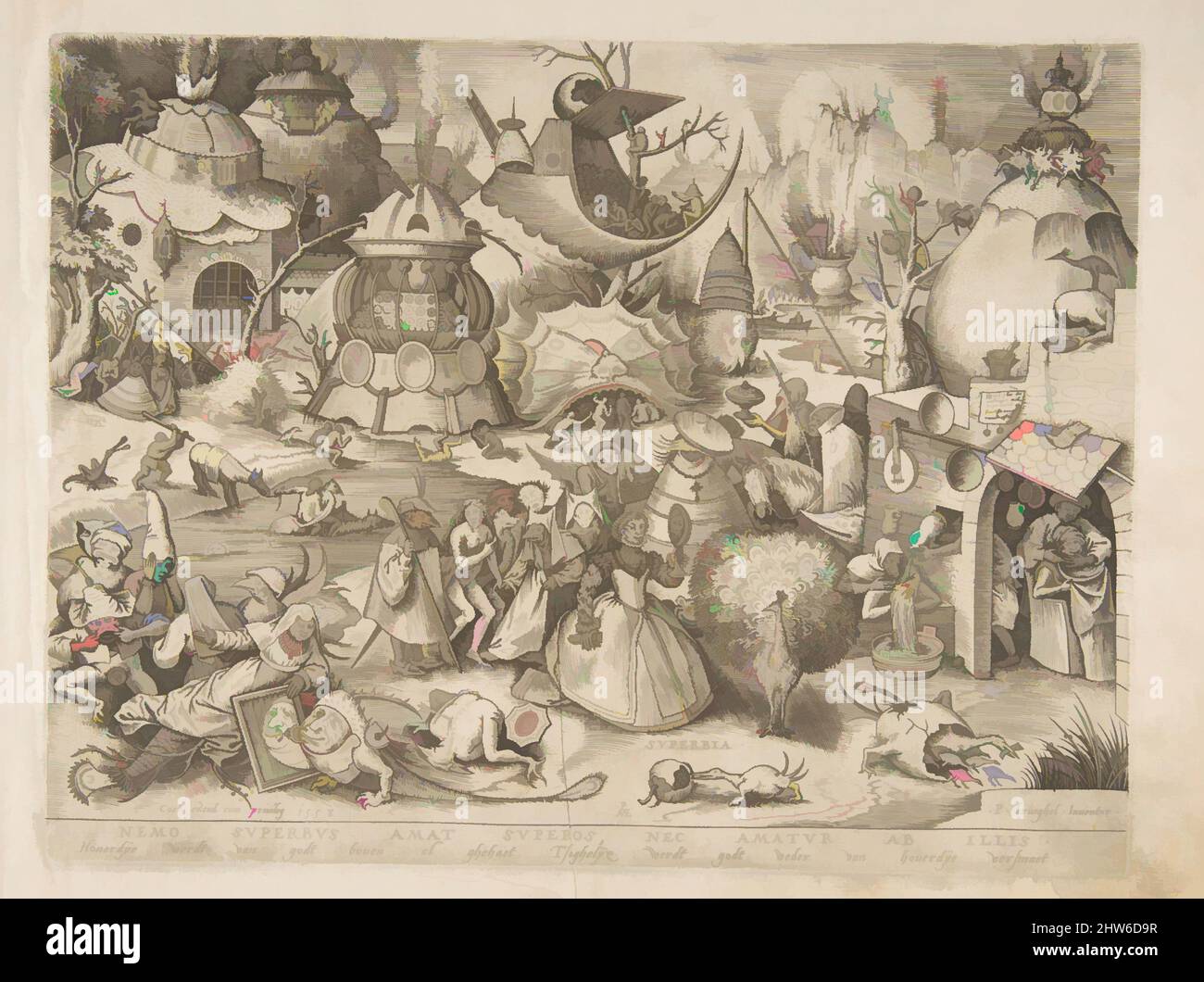 Art Inspired by Pride (Superbia) from the Seven Deadly Sins, 1558, Gravur, Blatt: 10 1/4 x 13 9/16 Zoll (26 x 34,4 cm), Drucke, nach Pieter Bruegel dem Älteren (Niederländisch, Breda (?) Ca. 1525–1569 Brüssel), Pieter van der Heyden (Niederländisch, ca. 1525–1569, von Artotop modernisierte klassische Werke mit einem Schuss Moderne. Formen, Farbe und Wert, auffällige visuelle Wirkung auf Kunst. Emotionen durch Freiheit von Kunstwerken auf zeitgemäße Weise. Eine zeitlose Botschaft, die eine wild kreative neue Richtung verfolgt. Künstler, die sich dem digitalen Medium zuwenden und die Artotop NFT erschaffen Stockfoto