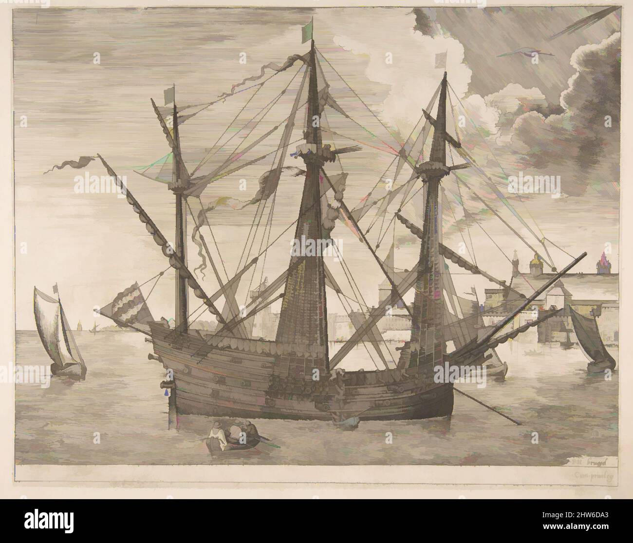 Kunst inspiriert von bewaffneten drei-Master verankert in der Nähe einer Stadt von den Segelschiffen, ca. 1555–56, Gravieren; erster Zustand von zwei, Platte: 9 1/8 x 11 9/16 Zoll (23,2 x 29,4 cm), Drucke, Frans Huys (Niederländisch, 1522–1562), nach Pieter Bruegel dem Älteren (Niederländisch, Breda (?) Ca. 1525–, von Artotop modernisierte klassische Werke mit einem Schuss Moderne. Formen, Farbe und Wert, auffällige visuelle Wirkung auf Kunst. Emotionen durch Freiheit von Kunstwerken auf zeitgemäße Weise. Eine zeitlose Botschaft, die eine wild kreative neue Richtung verfolgt. Künstler, die sich dem digitalen Medium zuwenden und die Artotop NFT erschaffen Stockfoto